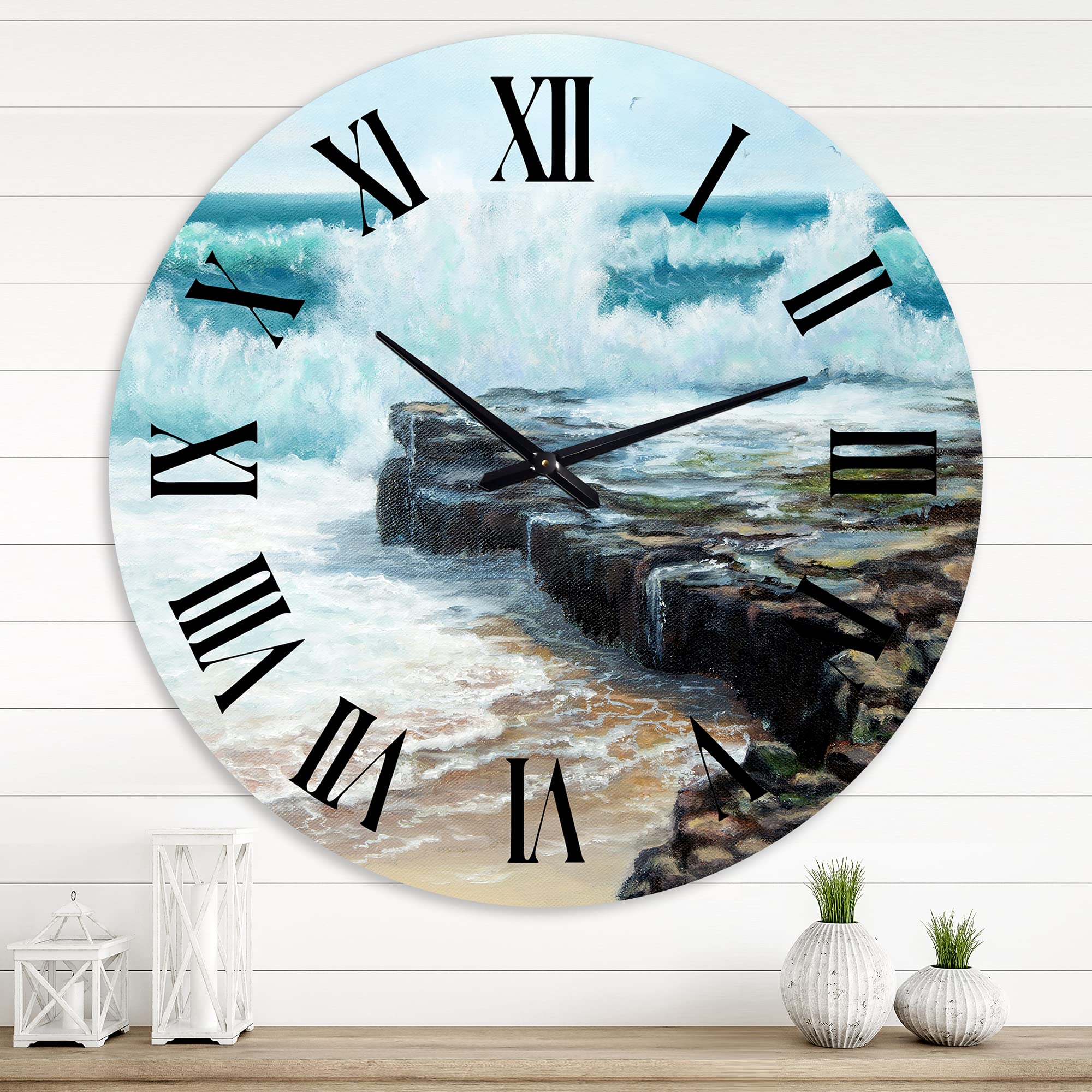 DesignQ Nautical Coastal Wall Clock - 'Wild Waves Breaking On The Shore' - 12 Inch Round Blue Clock for Kitchen, Living Room, Bedroom & Office Decor - Perfect for Beach House, Coastal & Marine Theme Home Decor