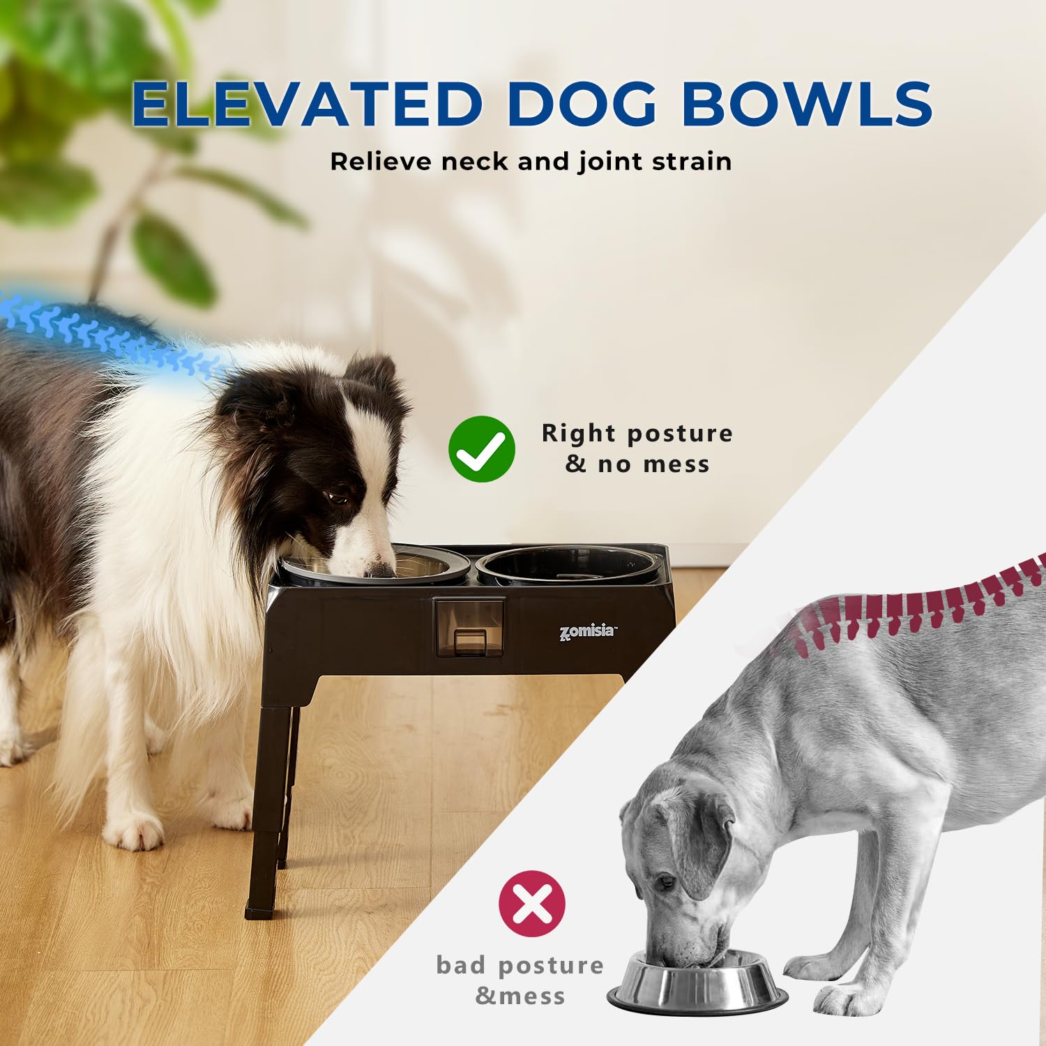 3-in-1 Adjustable Elevated Dog Bowls Set - Slow Feeder & No-Spill Water Bowl with Stainless Steel Food Dish, 4 Height Settings up to 13.4
