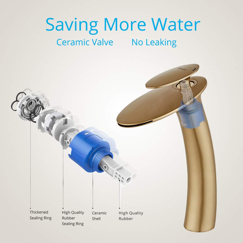 Wovier Brushed Gold Waterfall Bathroom Sink Faucet with Pop-Up Drain - Single Handle Brass Vanity Faucet for Bathroom & Powder Room - Tall Slanted Basin Mixer Tap with Supply Hoses - Perfect for Modern Bathrooms, Guest Suites & Luxury Home Renovations