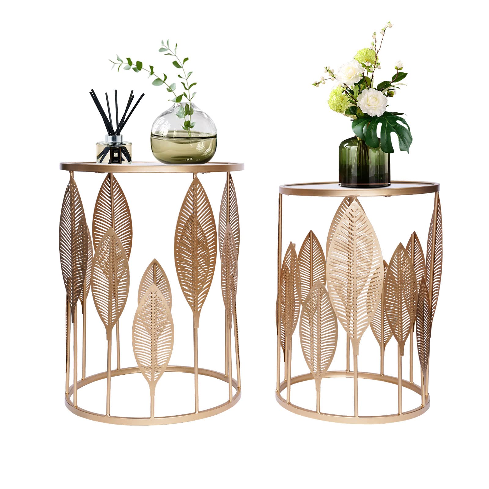 TFCFL 2-Piece Round Metal Nesting Coffee Tables Set - Gold Leaf Decorative End Tables for Living Room, Bedroom & Office - Perfect as Nightstands or Side Tables for Small Spaces