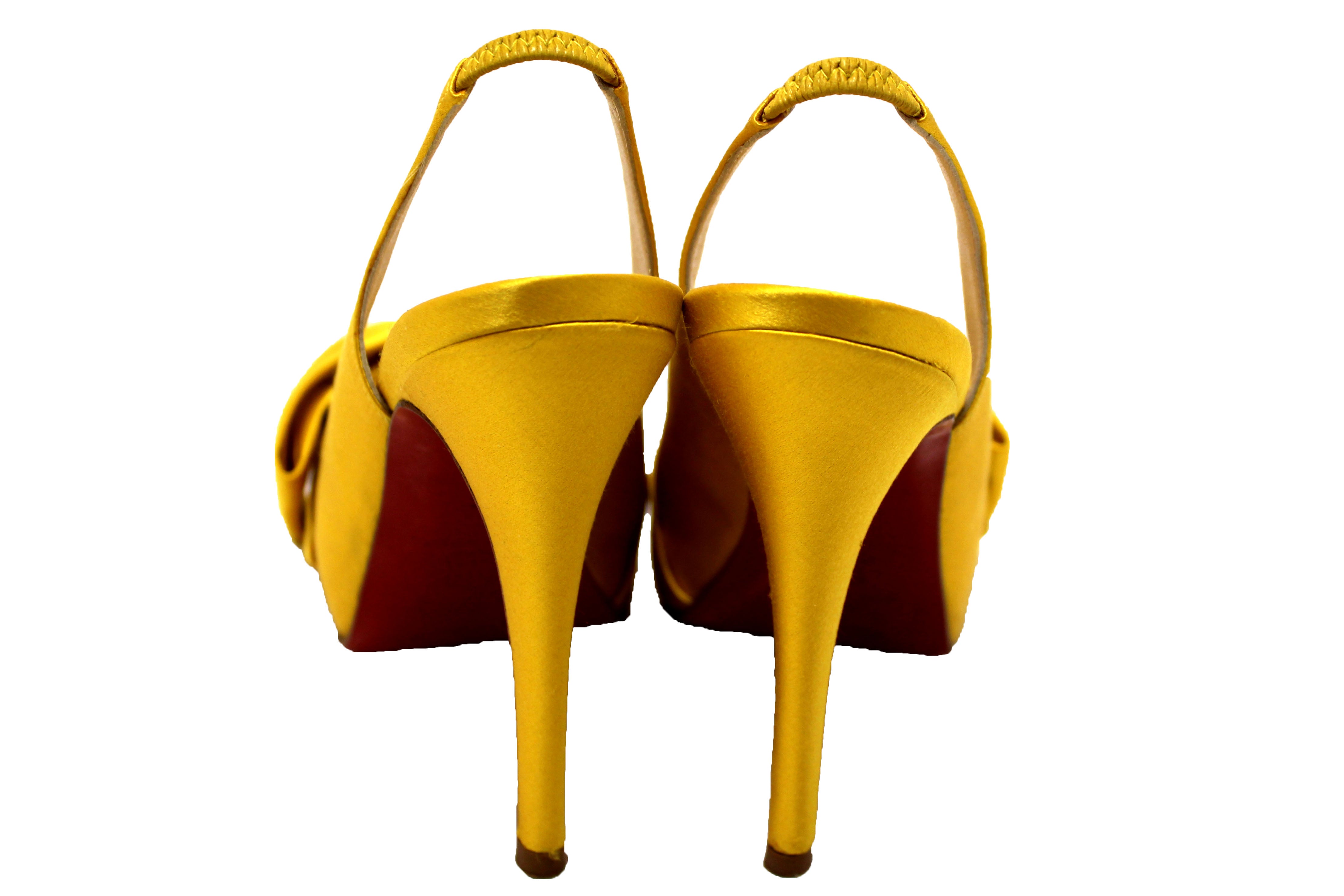 Authentic Christian Louboutin Yellow Satin Bow T Dorcet Peep Toe Pumps - Women's Size 35 (EU 35) for Weddings, Parties & Special Occasions