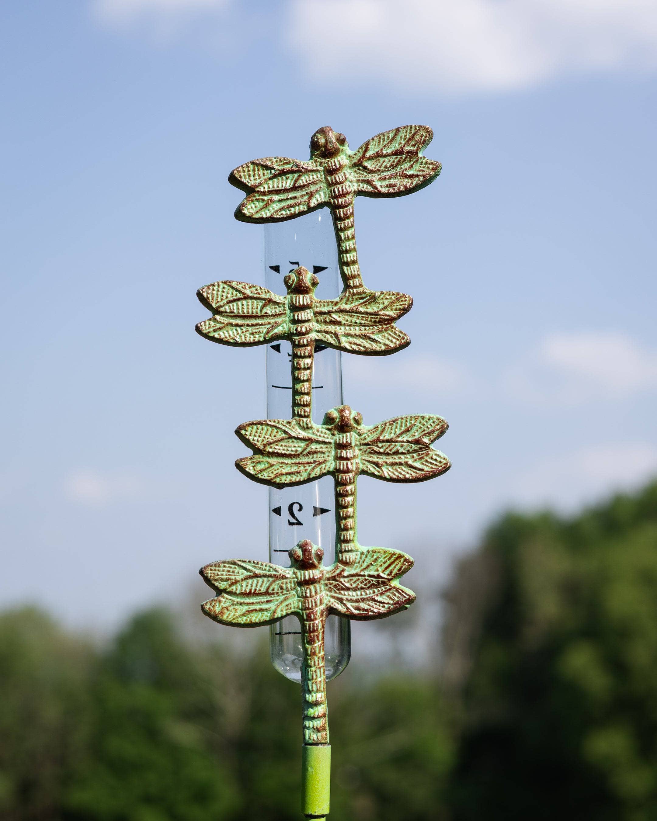 Cast Brass Dragonfly Rain Gauge - Elegant Outdoor Garden Decor for Measuring Rainfall - Perfect for Weather Enthusiasts & Garden Lovers