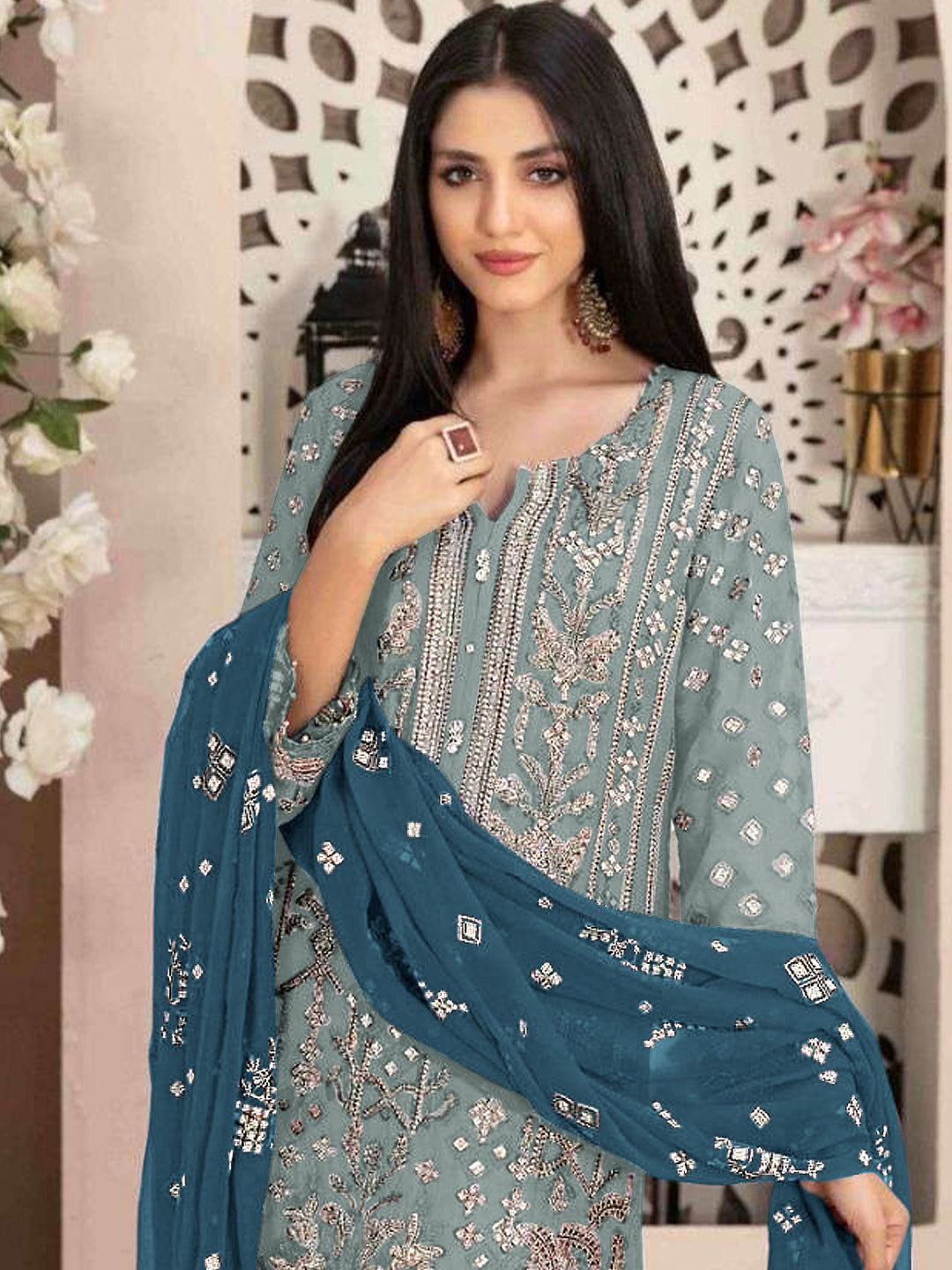 Elegant Aqua Blue Semi-Stitched Designer Pant Suit with Exquisite Embroidery - Perfect for Weddings, Parties & Special Occasions