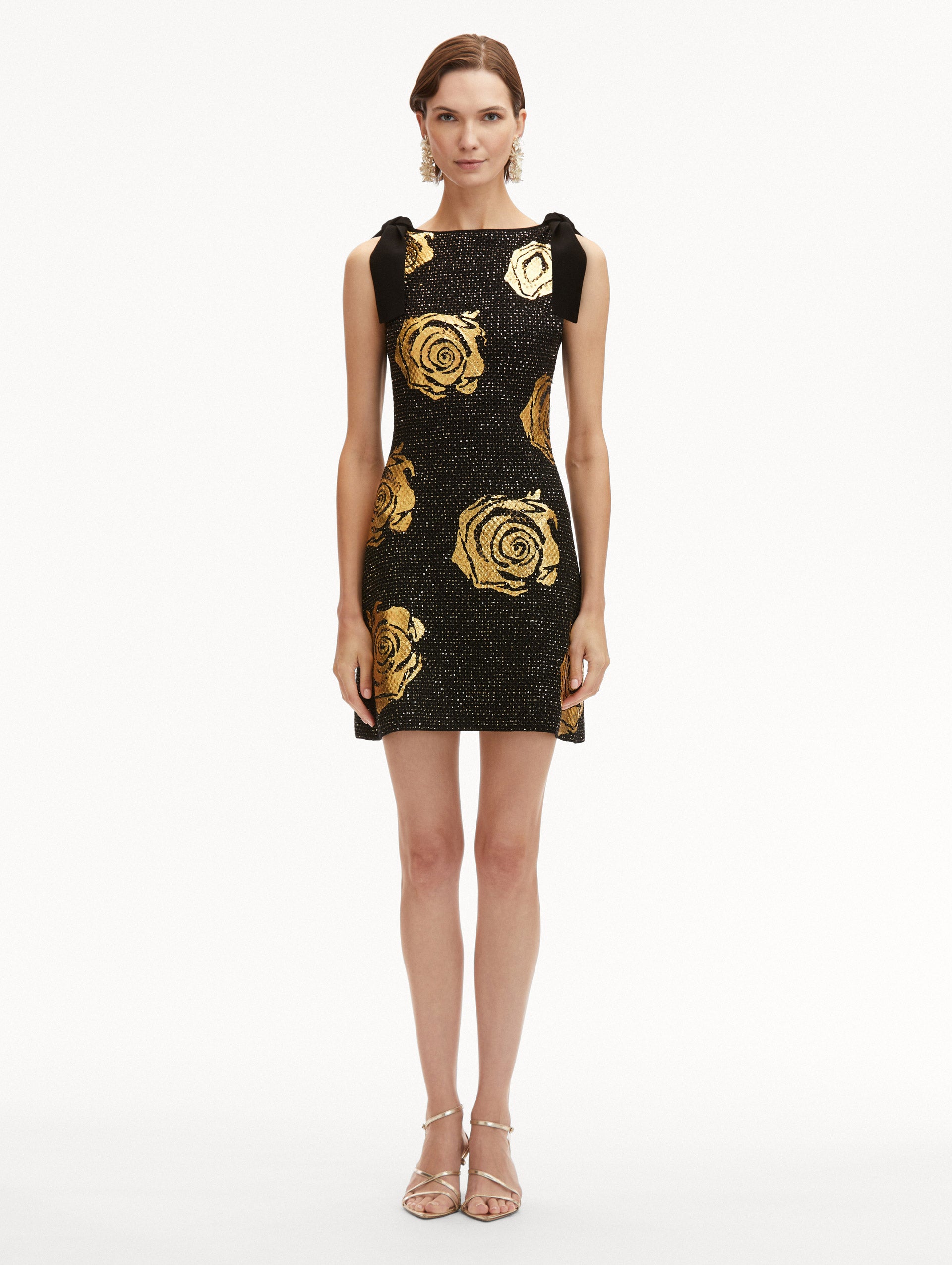 Elegant Gold Foil Rose Knit Dress for Women - Perfect for Date Nights, Parties & Special Occasions