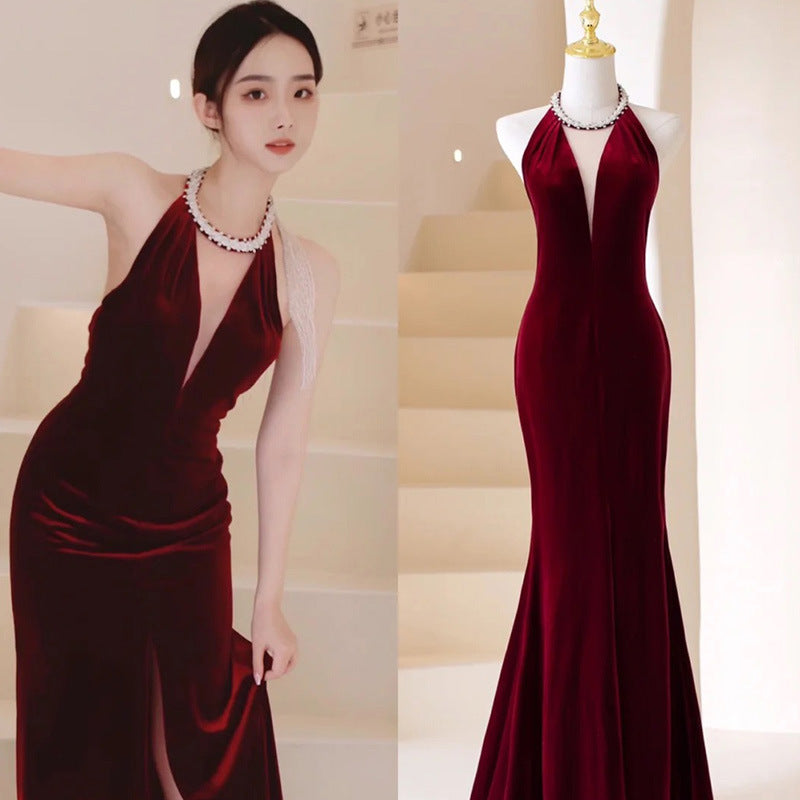 Burgundy Velvet Mermaid Evening Dress - Deep V Neck, Backless with Slit & Tassel Details | Elegant Formal Gown for Prom, Wedding Guest, Cocktail Party & Special Occasions