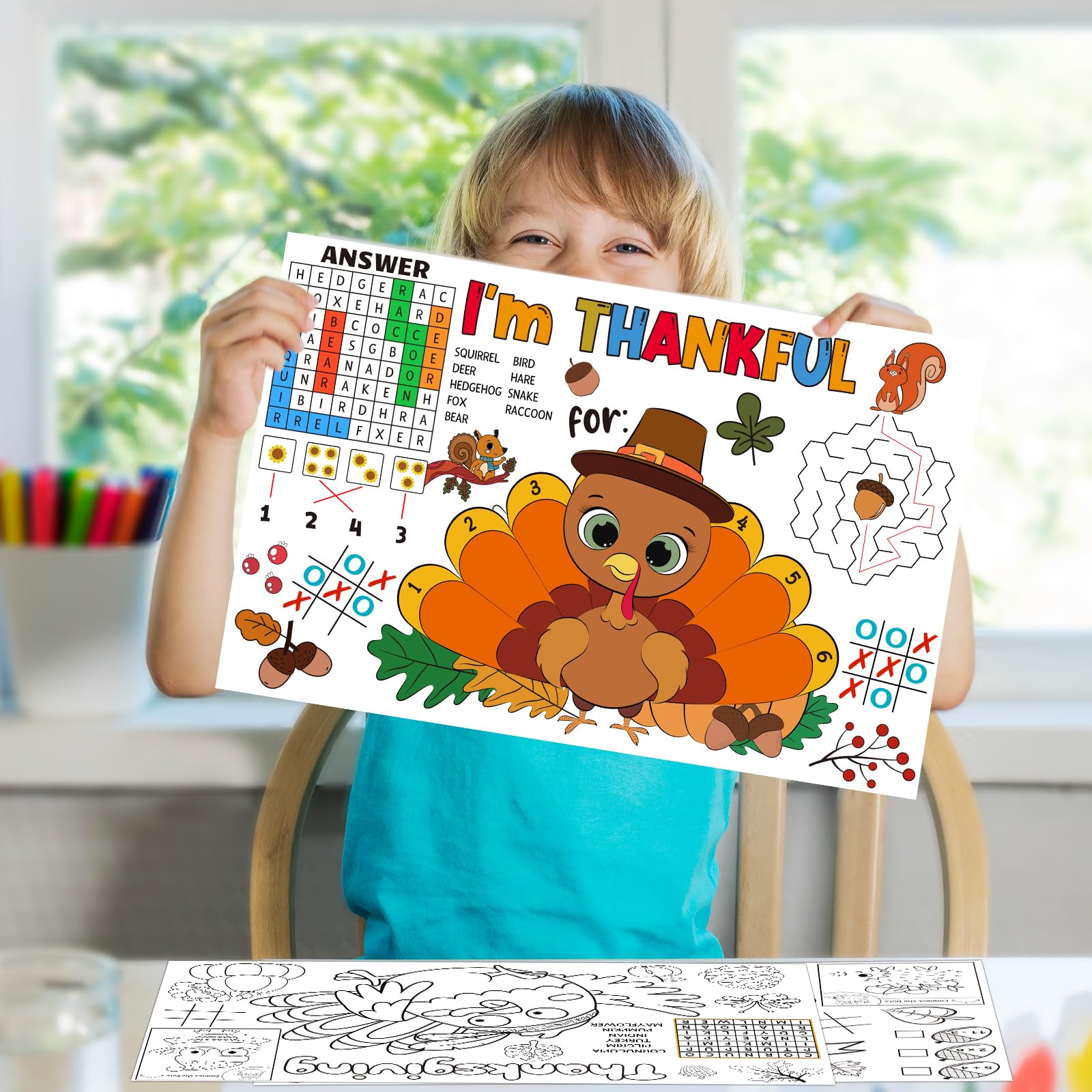 24 Pack Thanksgiving Coloring Paper Placemats - Turkey Themed DIY Craft Place Mats for Kids & Adults - Perfect for Holiday Dinners, Classroom Activities & Family Gatherings