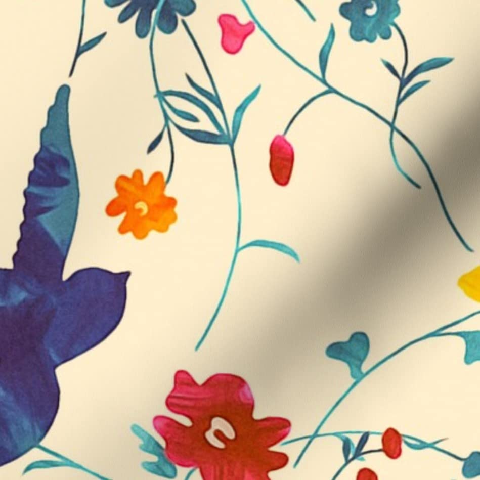 Spring Blue Yellow Flowers & Red Barn Swallow Printed Organic Cotton Sateen Fabric by The Yard - Perfect for Sewing, Quilting, Apparel & Home Decor | Spoonflower Premium Fabric for Spring Crafts, DIY Projects & Seasonal Decorations