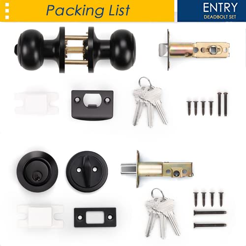 2 Pack Keyed Alike Door Knobs & Deadbolt Lock Set - Matte Black for Home Security