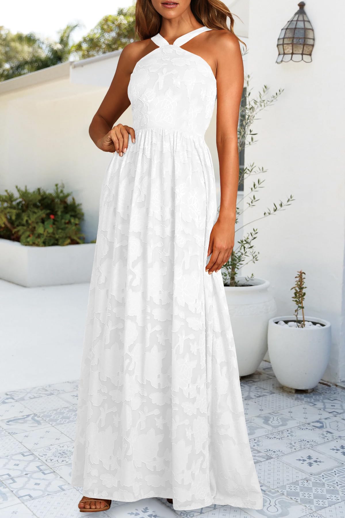 MITILLY Women's Boho Floral Maxi Dress - 2025 Summer Halter Neck Sleeveless Smocked Backless A-Line Flowy Dress with Pockets | Beach Wedding, Vacation, Party Outfit