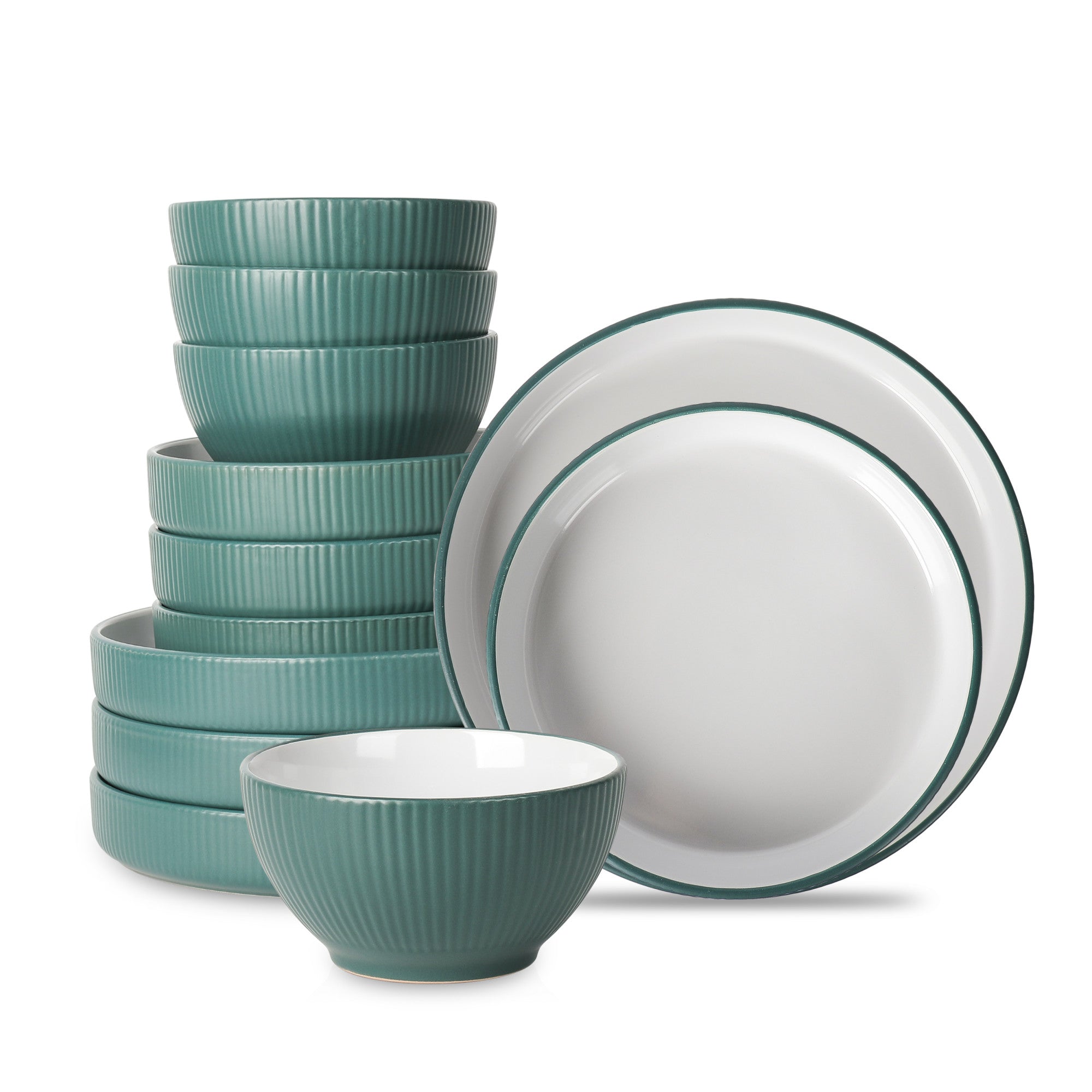 Premium Larosso Stoneware Dinnerware Set - 16-Piece Green & White Ceramic Plates, Bowls & Mugs - Durable & Stylish for Everyday Dining, Entertaining & Restaurant Use