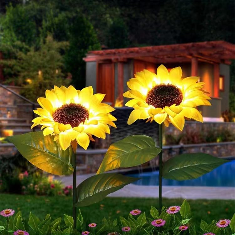 2 Pack Solar Powered Outdoor Rose Lights - 7 Color Changing Waterproof Garden Decor with Flowers for Patio, Yard, Pathway (Blue/Pink & Sunflower Warm White) - Perfect for Romantic Evenings & Landscape Lighting