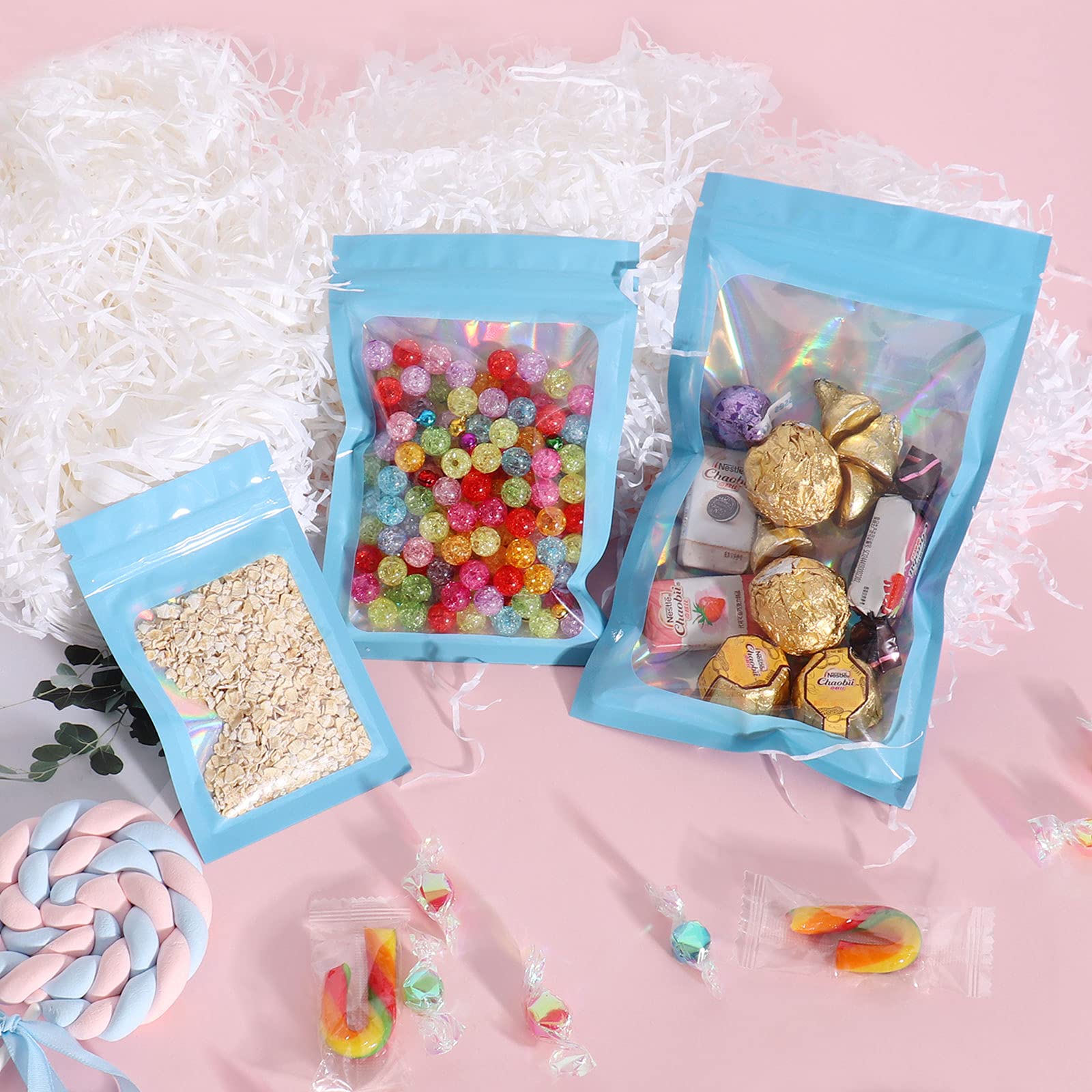 100 Pieces Blue Mylar Smell Proof Bags 3x4.7 Inch - Resealable Holographic Zipper Lock Pouch for Jewelry, Candy, Keychain & Small Business Packaging | Airtight Storage for Travel, Gifts & Organizing