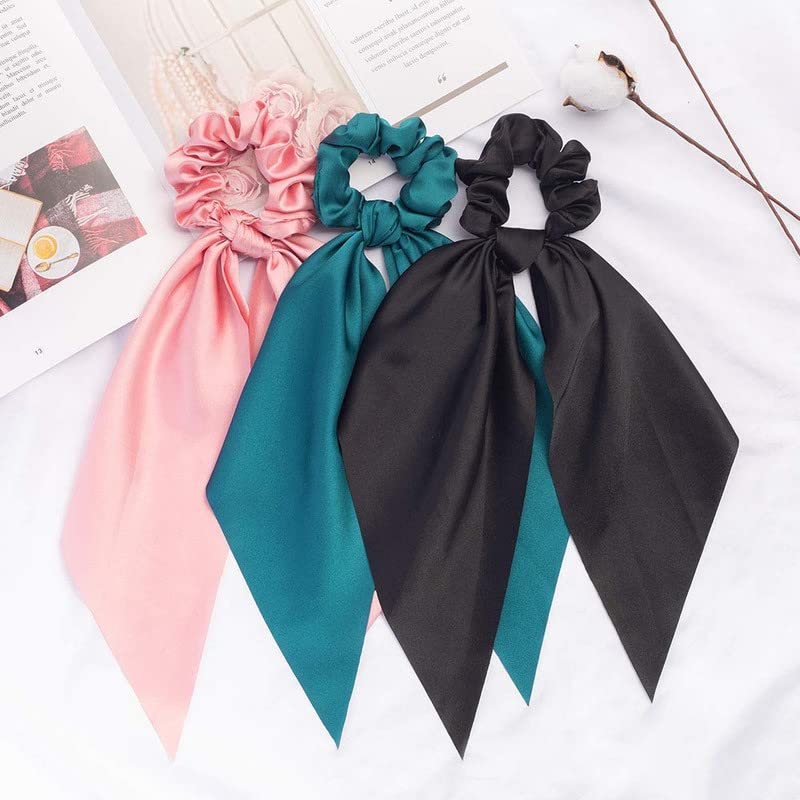 CHRONEX 8-Piece Satin Chiffon Hair Bows Set - Long Tail Elastic Ribbon Headbands, Scarf Scrunchies & Ponytail Holders for Women Girls (Elegant Bowknot Design) - Perfect for Parties, Weddings, School Events & Daily Hair Accessories