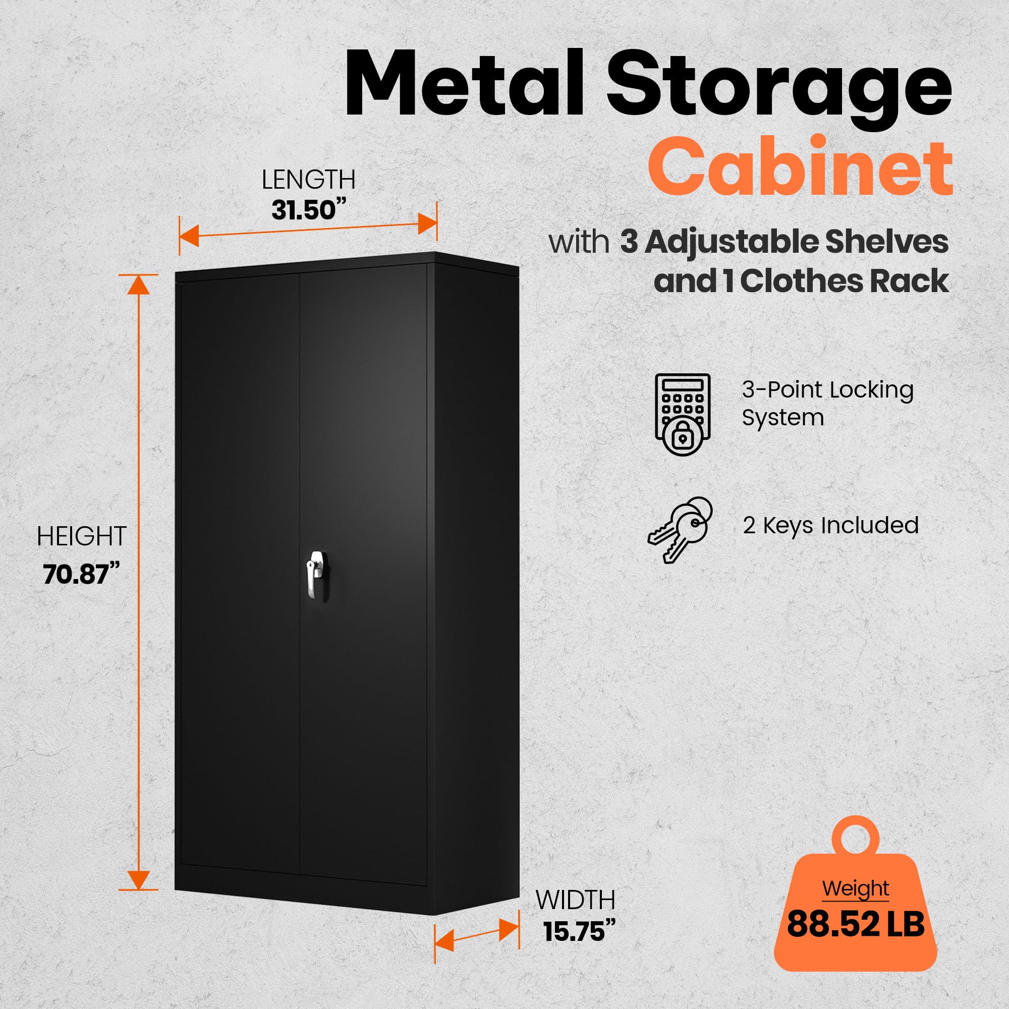 Aobabo Large Metal Wardrobe Storage Cabinet with 3 Adjustable Shelves, Hanging Rod & Lockable Doors - Perfect for Bedroom Closet, Garage Organization & Entryway Storage (Black)