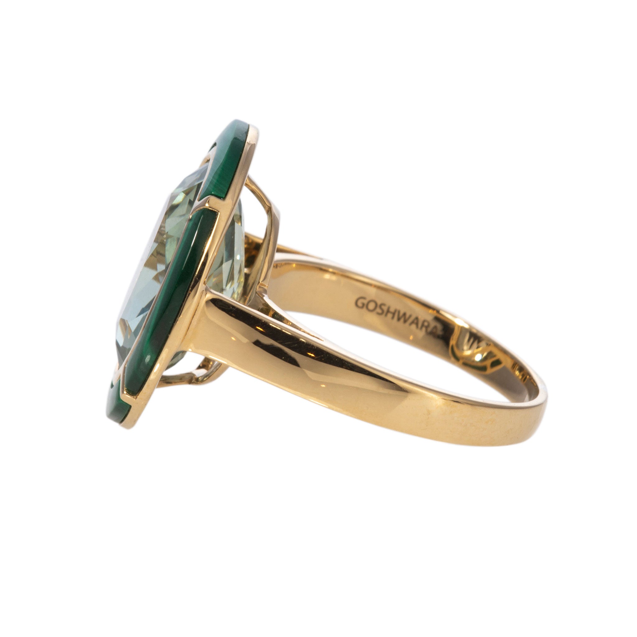 Goshwara 18K Gold Ring with Oval Prasiolite & Malachite Inlay – Elegant Jewelry for Weddings, Anniversaries & Special Occasions