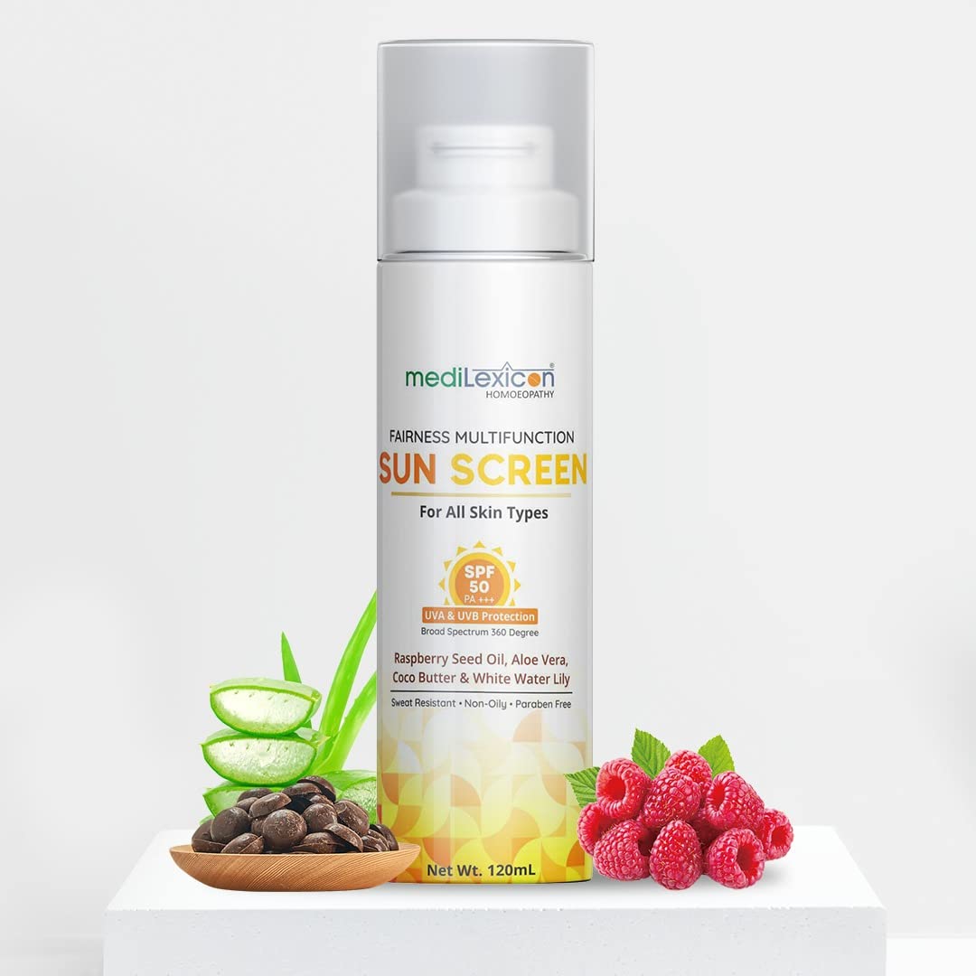MEDILEXICON Homoeopathy Fairness SPF 50 PA++++ Sunscreen Lotion (100ml) with Cocoa Butter, Aloe Vera & Raspberry Seed Oil - Ideal for Indian Weather - Daily UV Protection for Face & Body