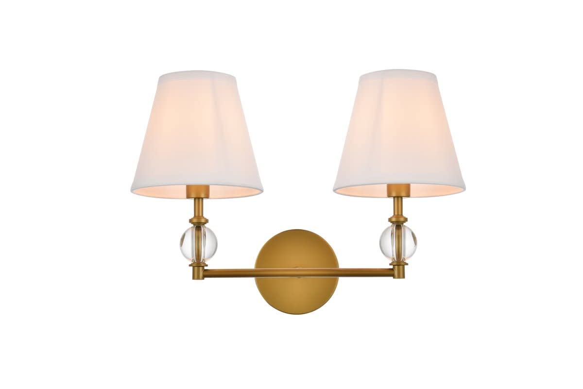 Living District Bethany 2-Light Brass Bathroom Wall Sconce with White Fabric Shade - Perfect for Bathroom Vanity, Powder Room, and Bedroom Lighting