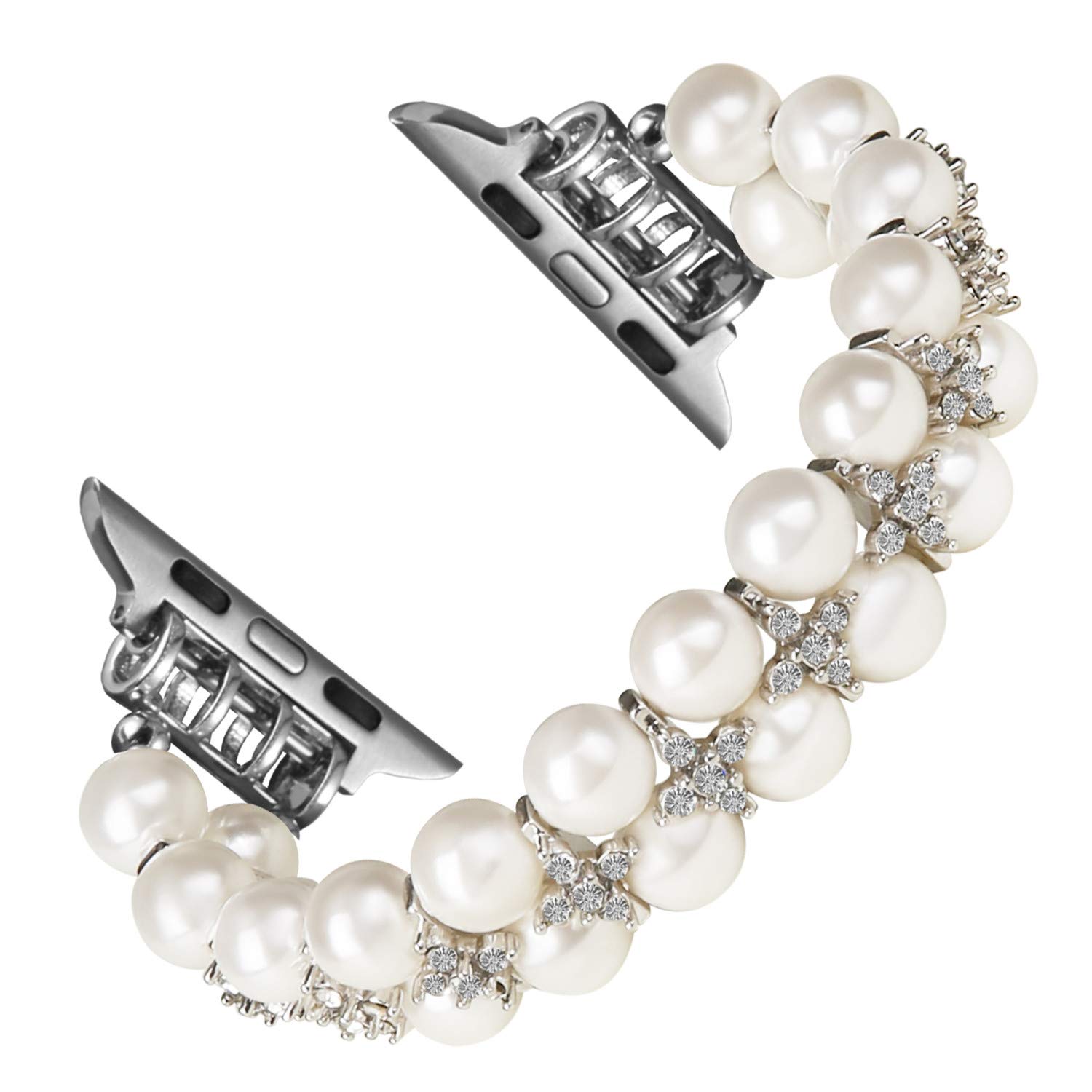 GEMEK Pearl Bracelet for Apple Watch Band 38mm 40mm 41mm 42mm 44mm 45mm 49mm - Compatible with iWatch Series 8 7 6 5 4 3 2 1 - Stretchable Bling Diamond Jewelry Replacement Strap for Women - Perfect for Parties, Weddings & Everyday Fashion Accessories