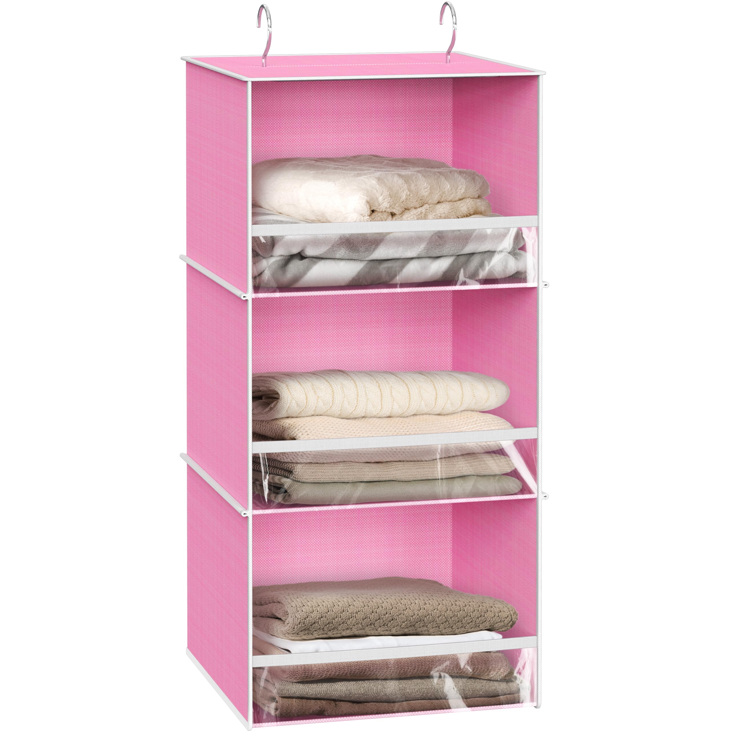 Simple Houseware 3-Tier Hanging Closet Organizer with Front Stopper - Space Saving Storage for Clothes, Shoes & Accessories - Perfect for Bedroom, Closet & Dorm Organization (Pink)