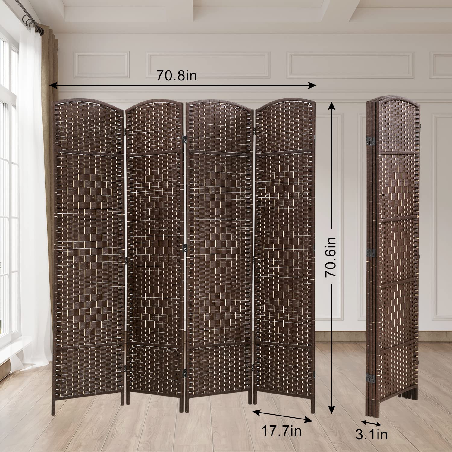 BLKMTY 4-Panel Folding Room Divider Screen - Extra Wide Tall Freestanding Privacy Partition for Living Room, Bedroom, Study - Brown Fiber Space Separator | Perfect for Home Office, Studio, or Event Space Division