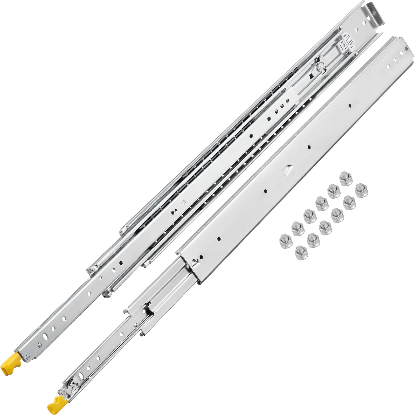 VEVOR 56 Inch Heavy Duty Drawer Slides with Lock - 1 Pair, 500 lbs Capacity Industrial Steel Ball Bearing Slides, 3-Fold Full Extension Side Mount for Secure Storage - Perfect for Tool Cabinets, Workbenches & Industrial Shelving