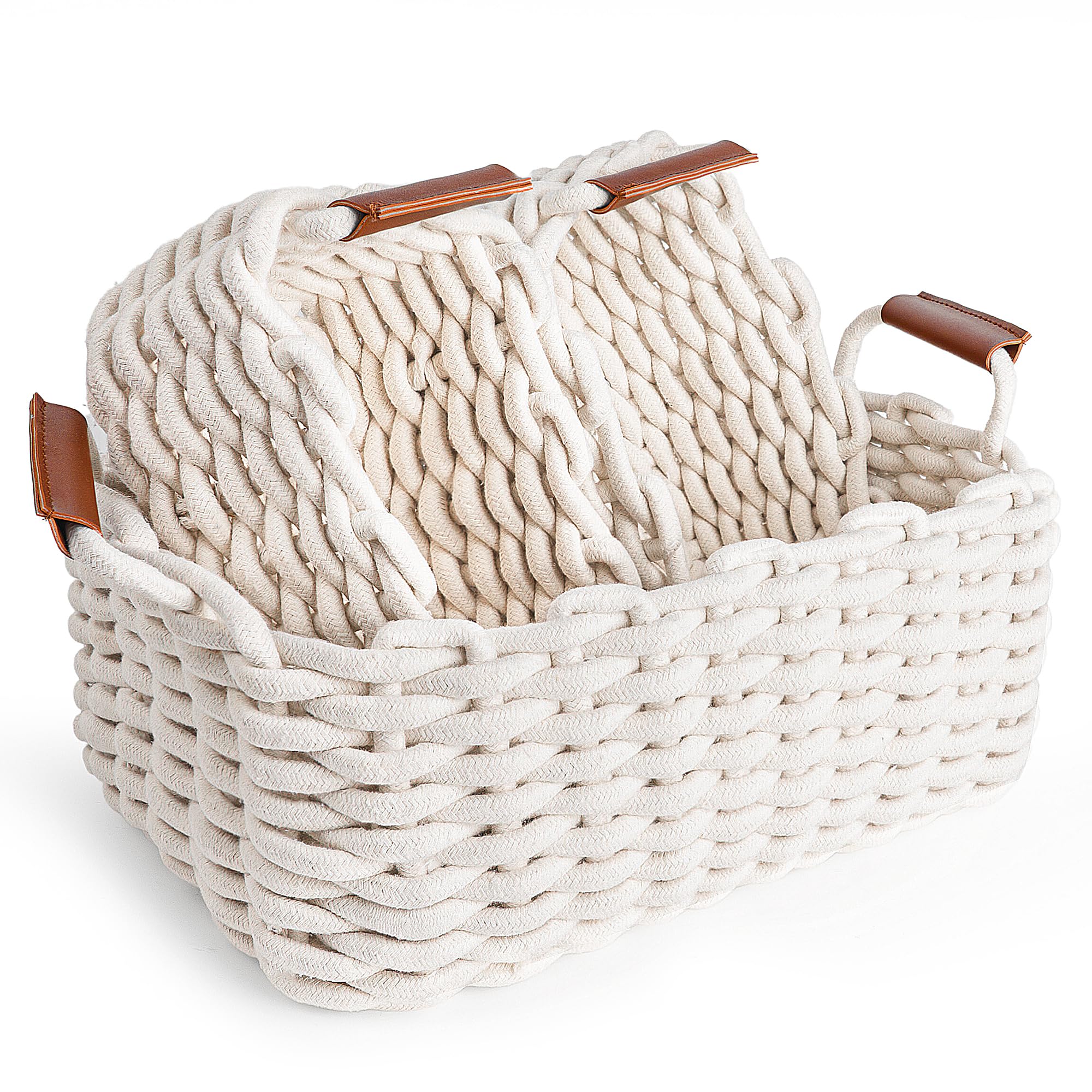 3-Pack Cotton Rope Storage Baskets with Handles - Multi-Purpose Organizer for Diapers, Toys, Bathroom & Closet - Decorative Shelving Bins for Home Organization (Beige/Natural) - Perfect for Nursery, Bedroom & Living Room Storage Solutions