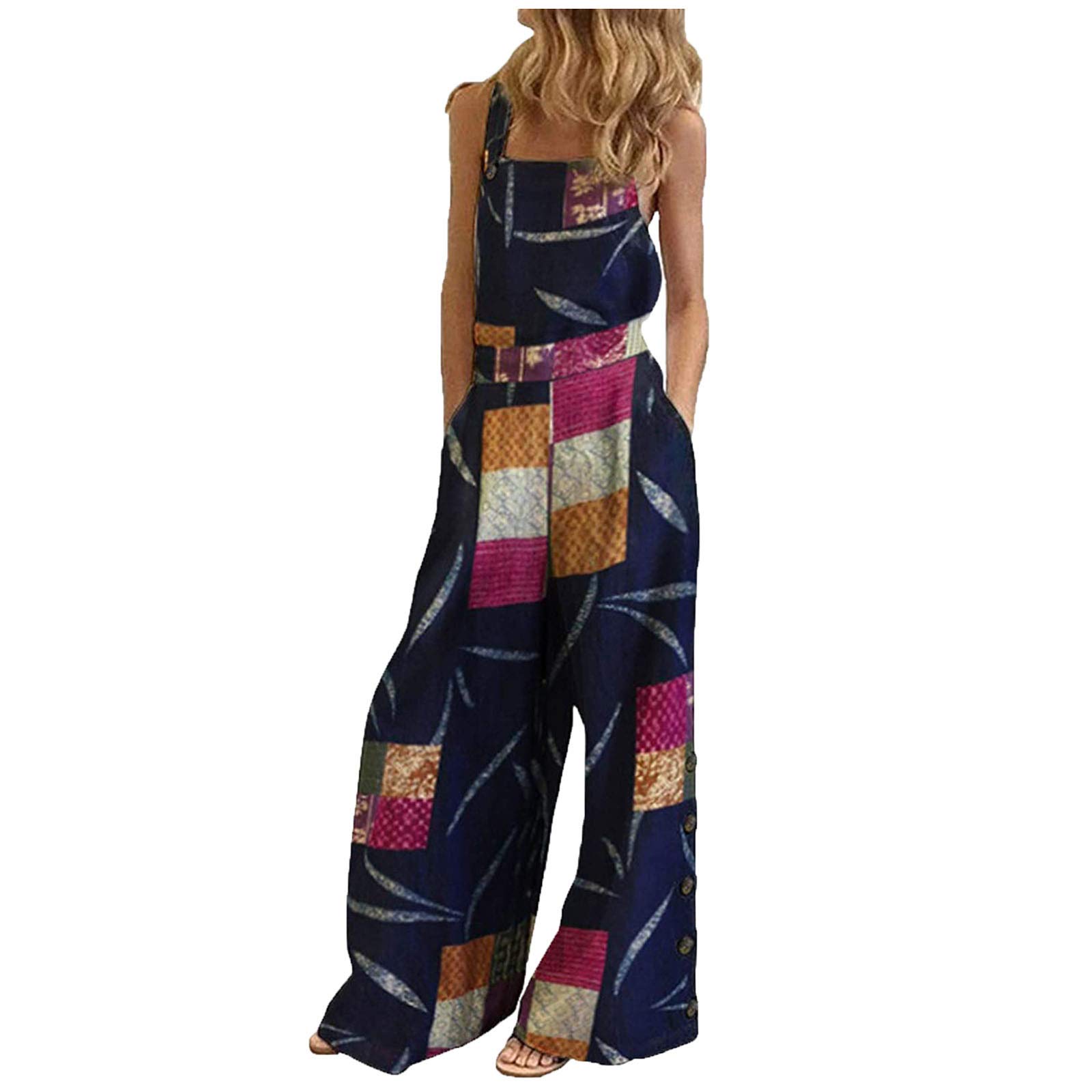 Vintage Print Jumpsuits for Women - Wide Leg Romper Overalls with Buttons & Pockets - Plus Size Casual Jumpsuit for Summer Outings, Beach Vacations & Streetwear Fashion