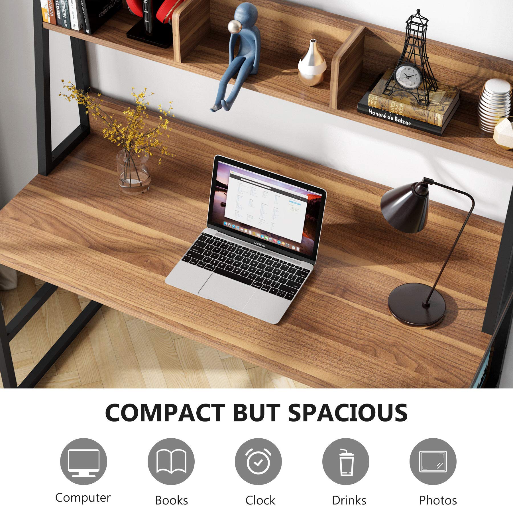 Tribesigns 47 Inch Modern Computer Desk with Hutch & Bookshelf - Sturdy Home Office Desk, Study Writing Table in Dark Walnut - Perfect for Remote Work, Gaming & Small Space Home Offices