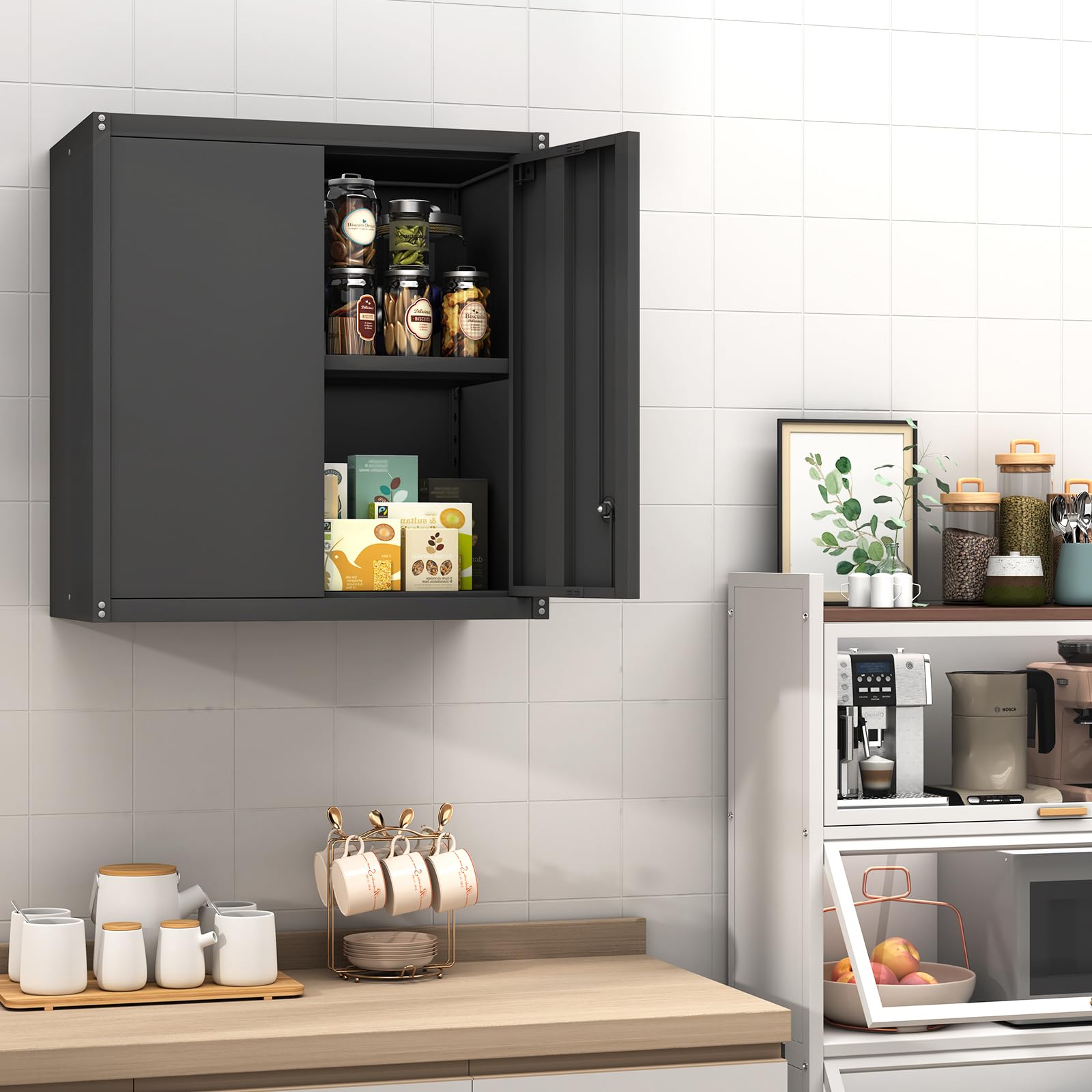 GREATMEET Black Metal Wall Mounted Storage Cabinet with Lock & Adjustable Shelf - Heavy Duty Garage Utility Cabinet for Tools, Workshop Organization & Home Storage
