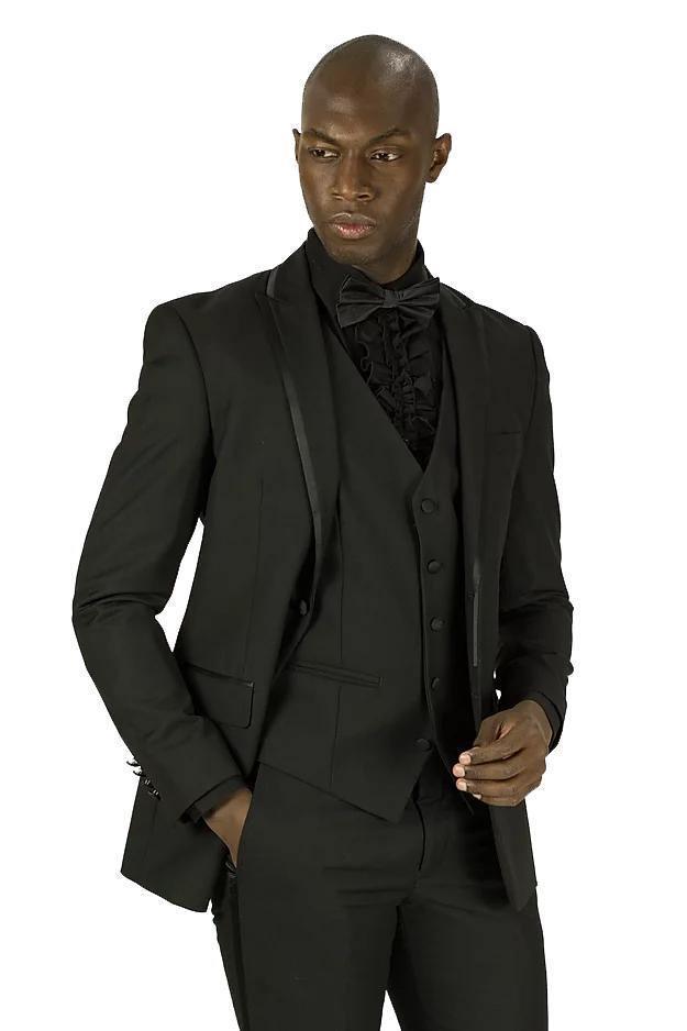 Black Slim Fit 3-Piece Tuxedo Suit with Trimmed Peak Lapel | Formal Wedding & Evening Wear for Men