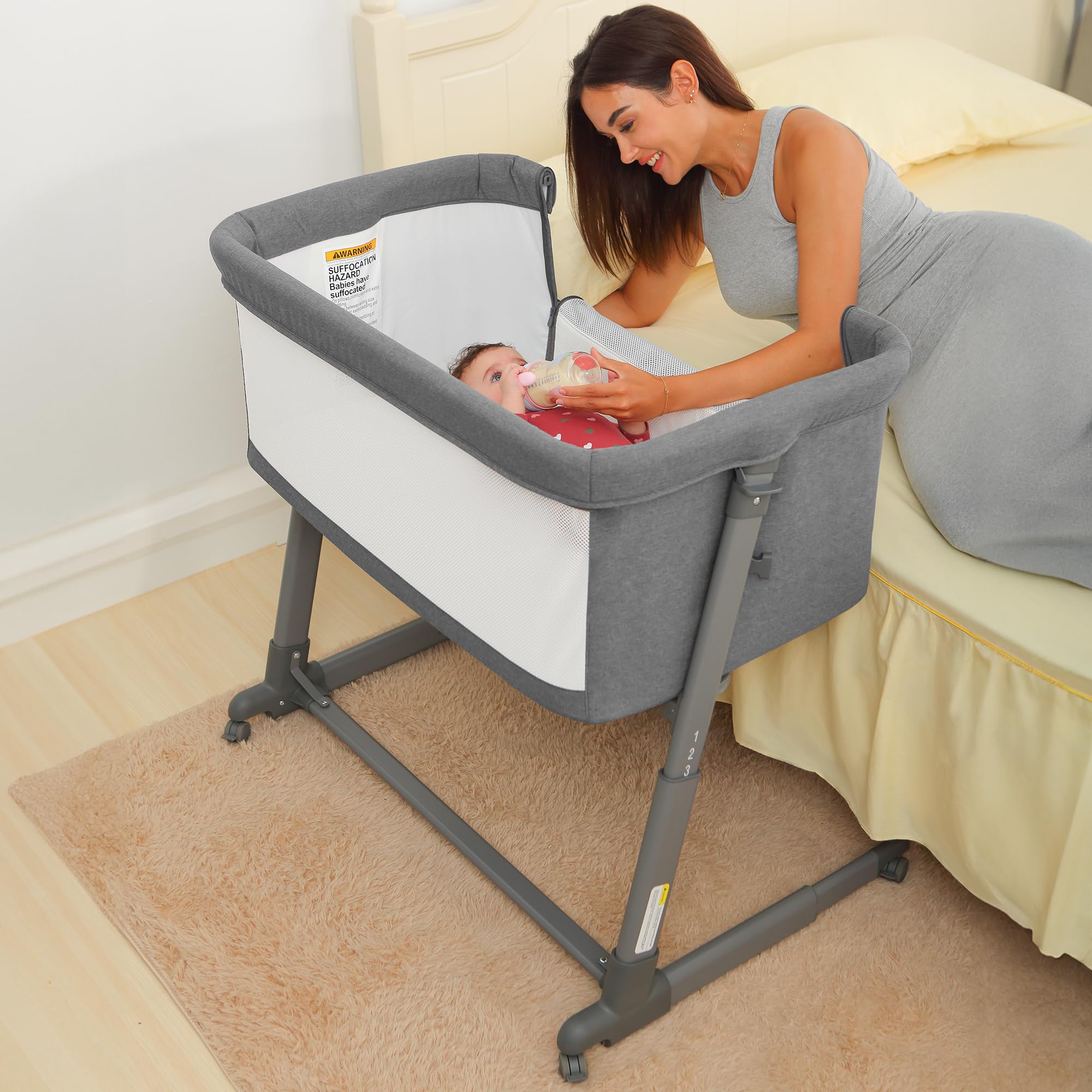 AMKE Baby Bassinet - Breathable Mesh Bedside Sleeper for Newborns | Portable Adjustable Crib for Safe Co-Sleeping | Nursery Essential for Infants 0-6 Months (Dark Gray) | Perfect for Bedroom, Nursery & Travel