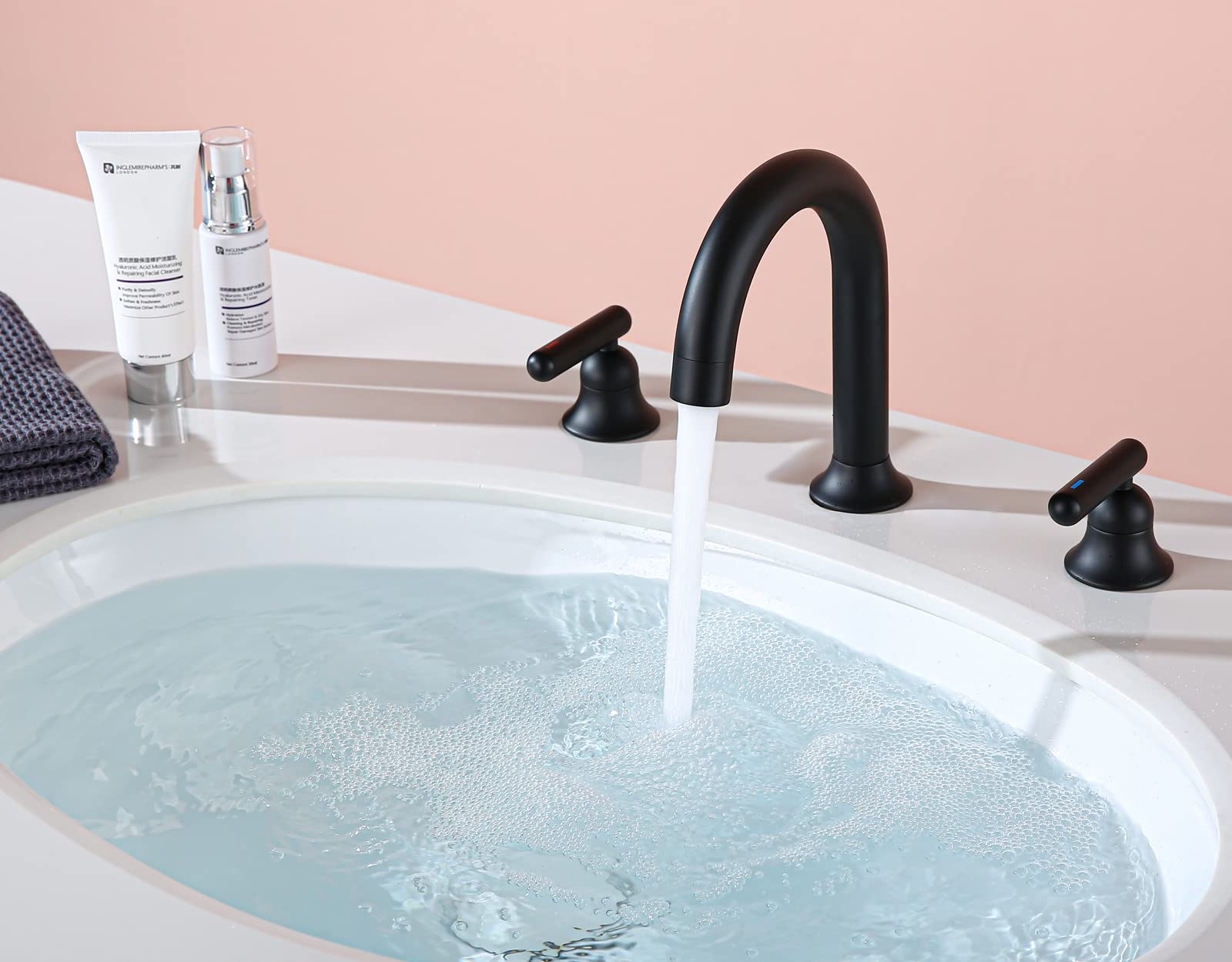 Matte Black Bathroom Faucet 3 Hole - Solid Brass Vanity Faucet Lead-Free 2-Handle Deck Mount - Perfect for Modern Bathroom Sink & Vanity Installation