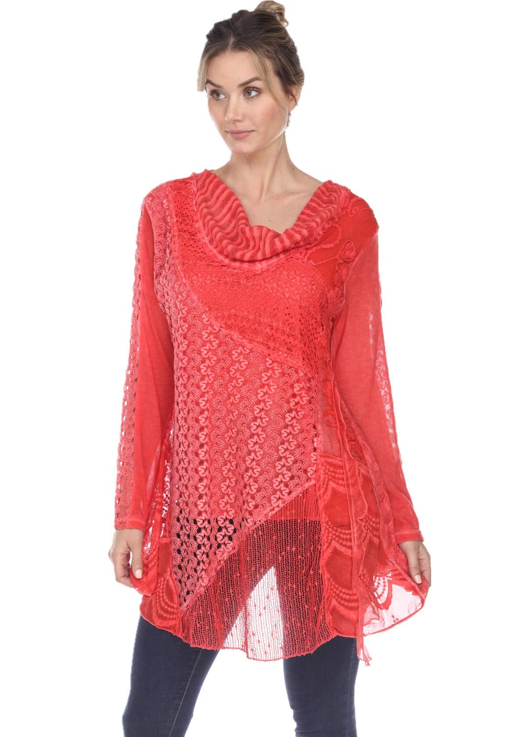 Plus Size Women's Lace Blouse - Long Sleeve Cowl Neck Chiffon Layered Shirt for Work, Party & Special Occasions
