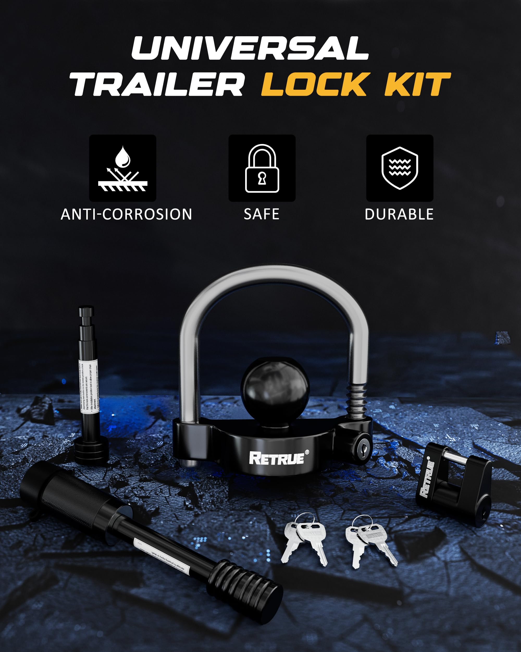Keyed Alike Trailer Lock Set - Universal Coupler Lock, Dual Hitch Receiver Pin Lock & Trailer Tongue Lock - Heavy Duty Black Security Kit for Towing & Storage | Perfect for Trailers, Boats, RVs & Campers