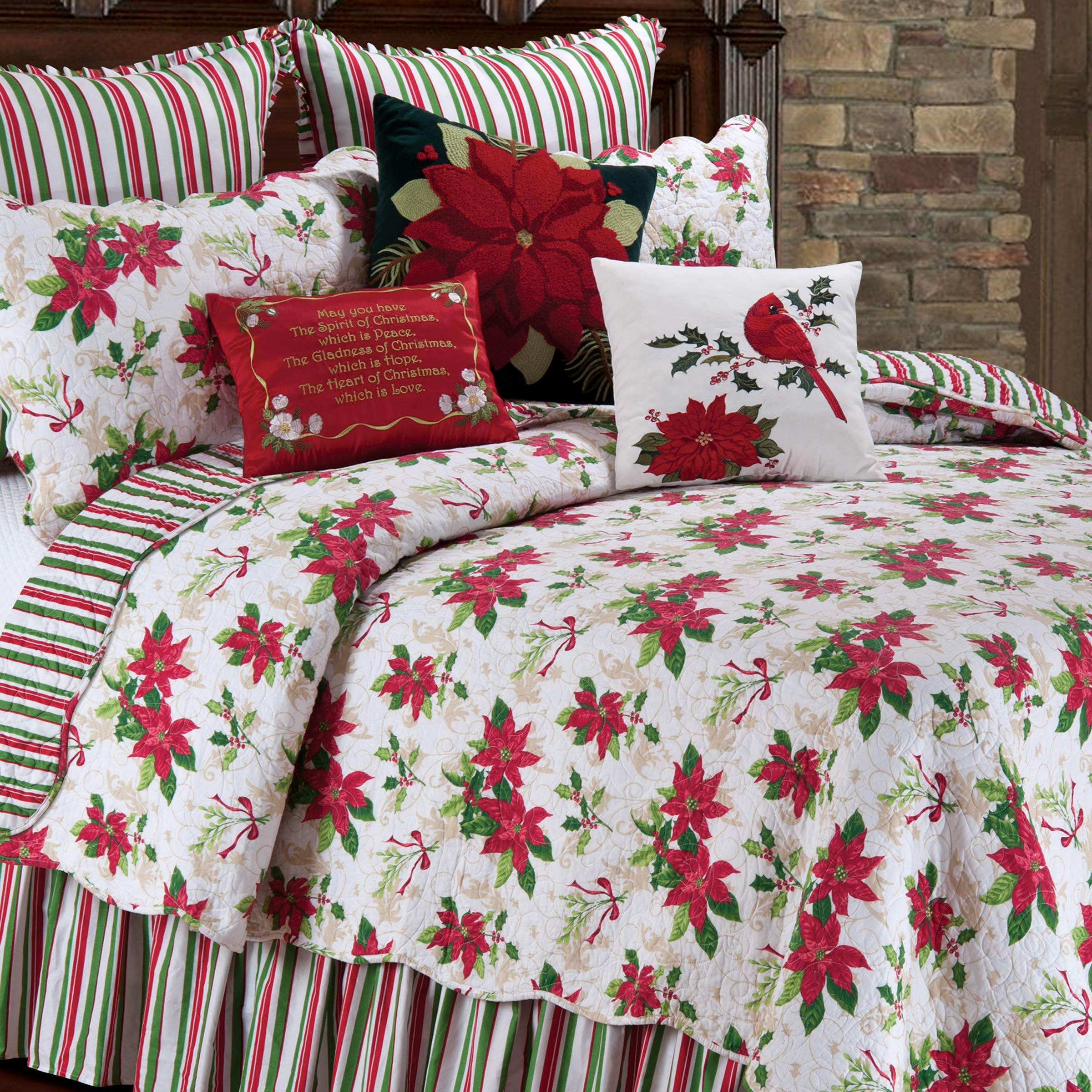 C&F Home Holly Poinsettia 3-Piece Quilt Set - 100% Cotton Lightweight Reversible Bedspread Coverlet | Full/Queen Size | Machine Washable White Comforter | Perfect for Christmas Decor, Guest Rooms & Cozy Bedroom Makeovers