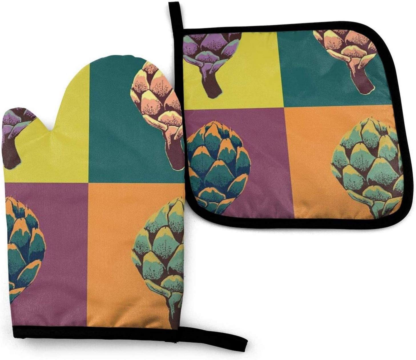 Heat Resistant Non-Slip Oven Mitt and Potholder Set - YANGXIN Artichoke Design Kitchen Gloves for Cooking, Baking, Grilling & BBQ - Perfect for Home Chefs and Outdoor Barbecues