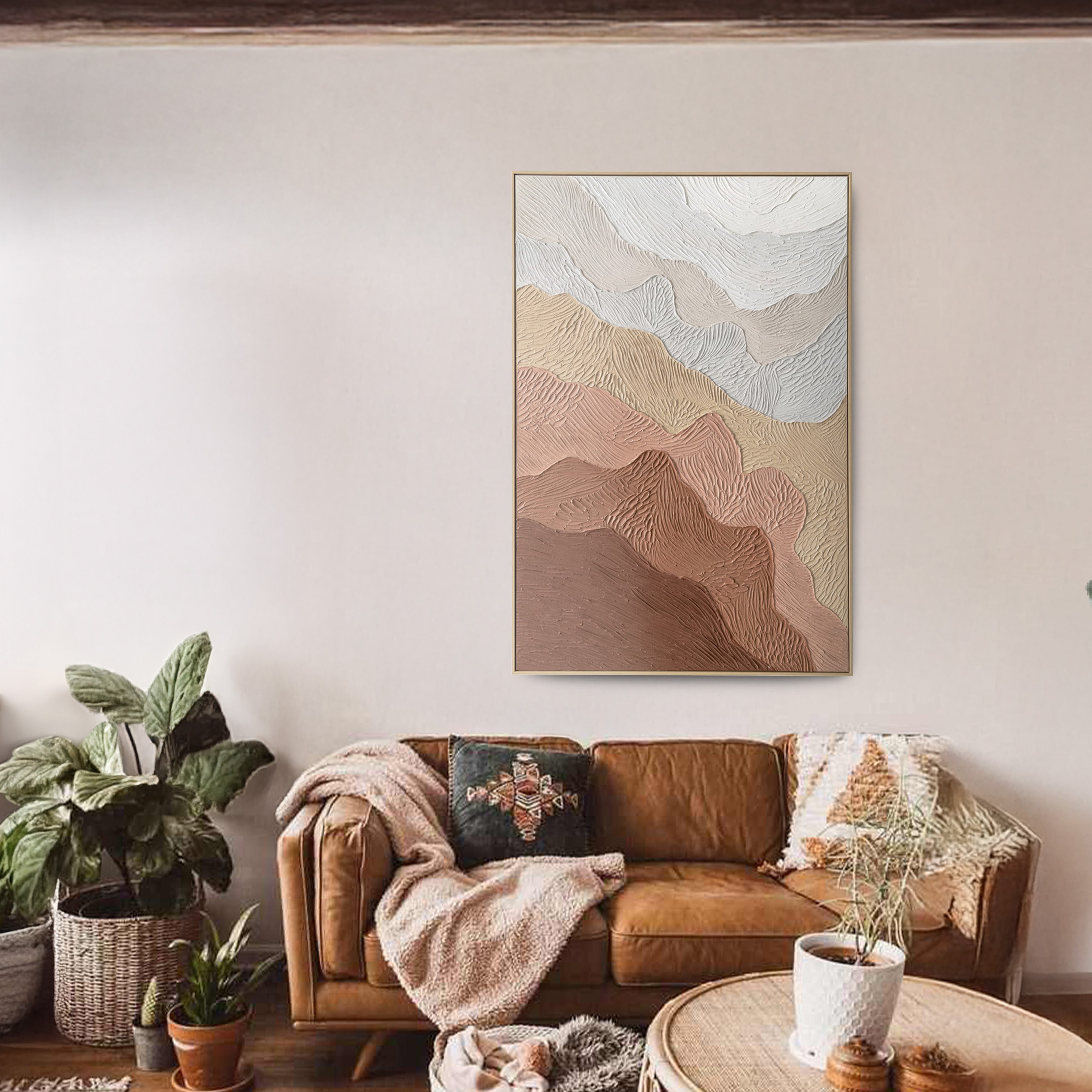 Urban Style Brushmarks Oil Painting Textured Ochre Ripples - Handmade Canvas Wall Art for Living Room, Bedroom & Office Decor