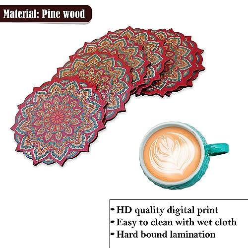 My Creative Hut Set of 6 Tea Coasters with Stand - Beautiful Mandala Design for Tea Cups, Coffee Mugs & Glasses - Perfect for Home Decor, Office Use & Diwali Gifts (Red)