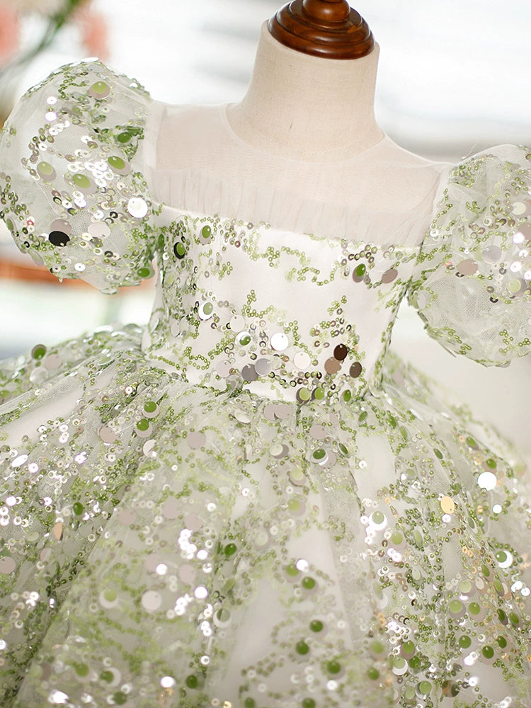 Green Princess Round Sequined Flower Girl Dress for Weddings, Pageants & Special Occasions