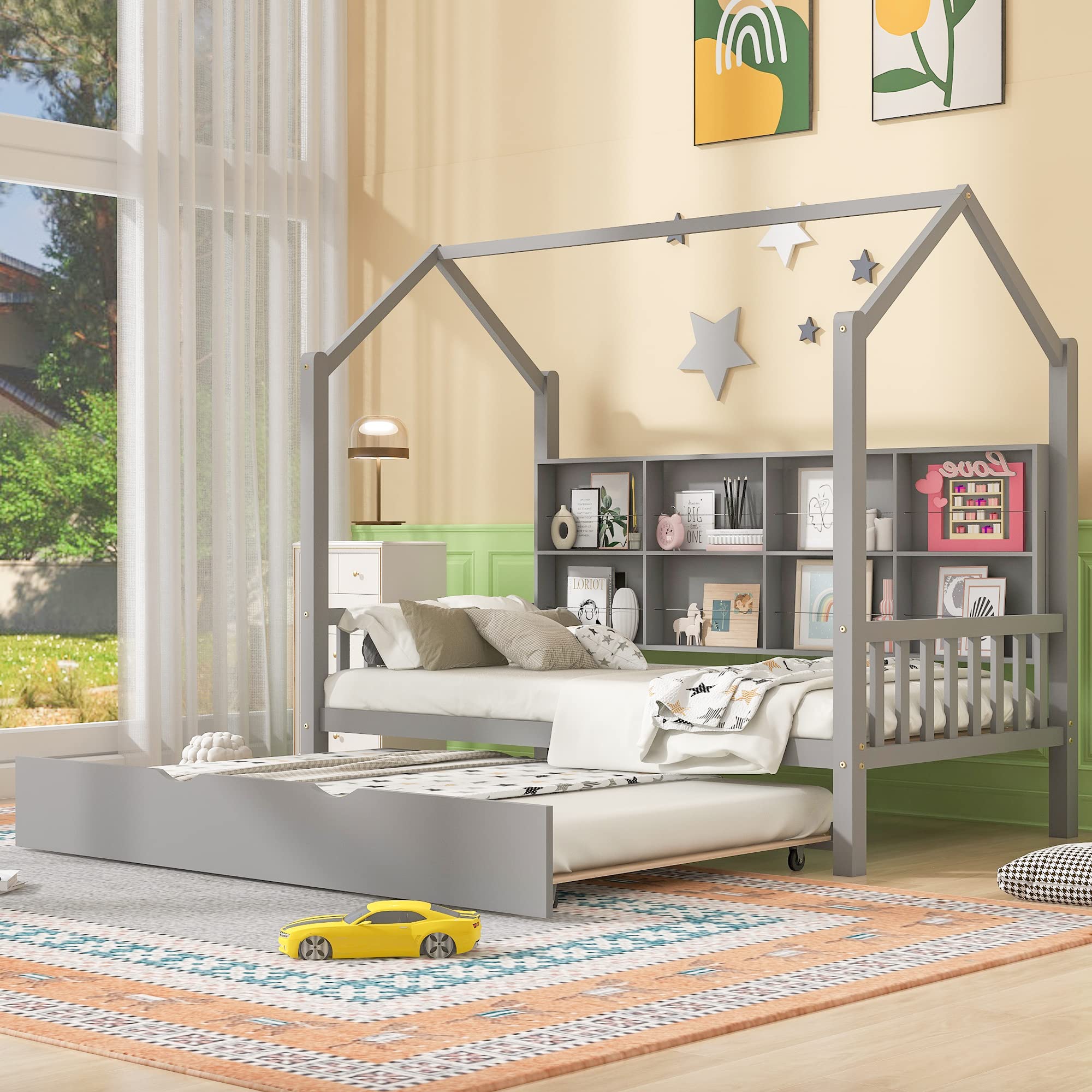 OPTOUGH Twin Size Wooden House Bed Frame with Trundle and Shelf - Solid Wood Kids Bed for Boys & Girls - Gray Playhouse Style Bed for Bedroom, Playroom or Nursery - Durable & Safe Children's Furniture