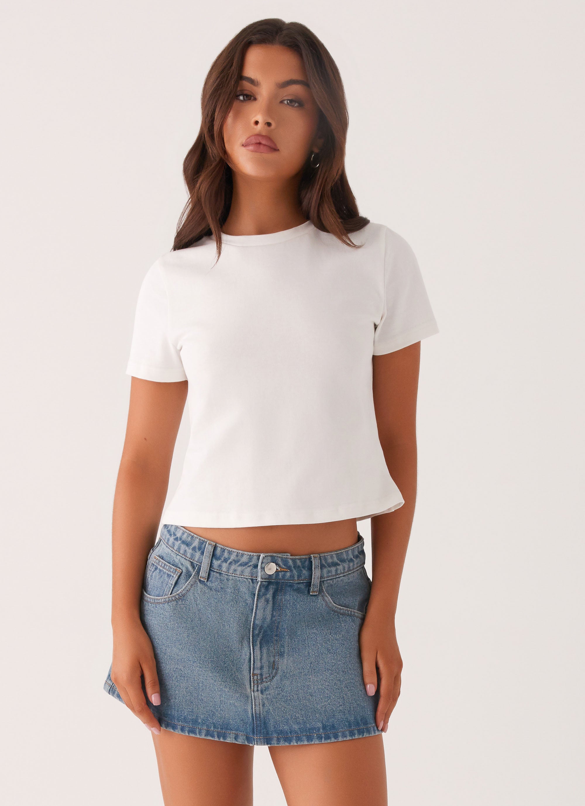 Carrie Denim Mini Skirt for Women - Washed Indigo Stretch Denim Skirt | High Waisted A-Line Mini Skirt for Casual Outfits, Date Night & Summer Fashion
