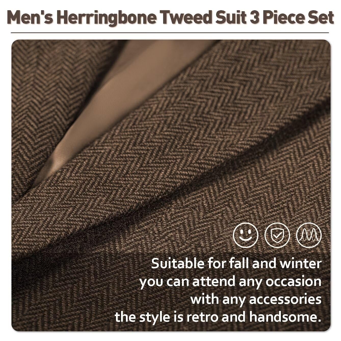 Men's Slim Fit Tweed Herringbone 3-Piece Suit Set - Wedding, Groomsmen, Prom Tuxedo with Jacket, Vest & Pants | Formal Occasions, Business Events & Special Celebrations