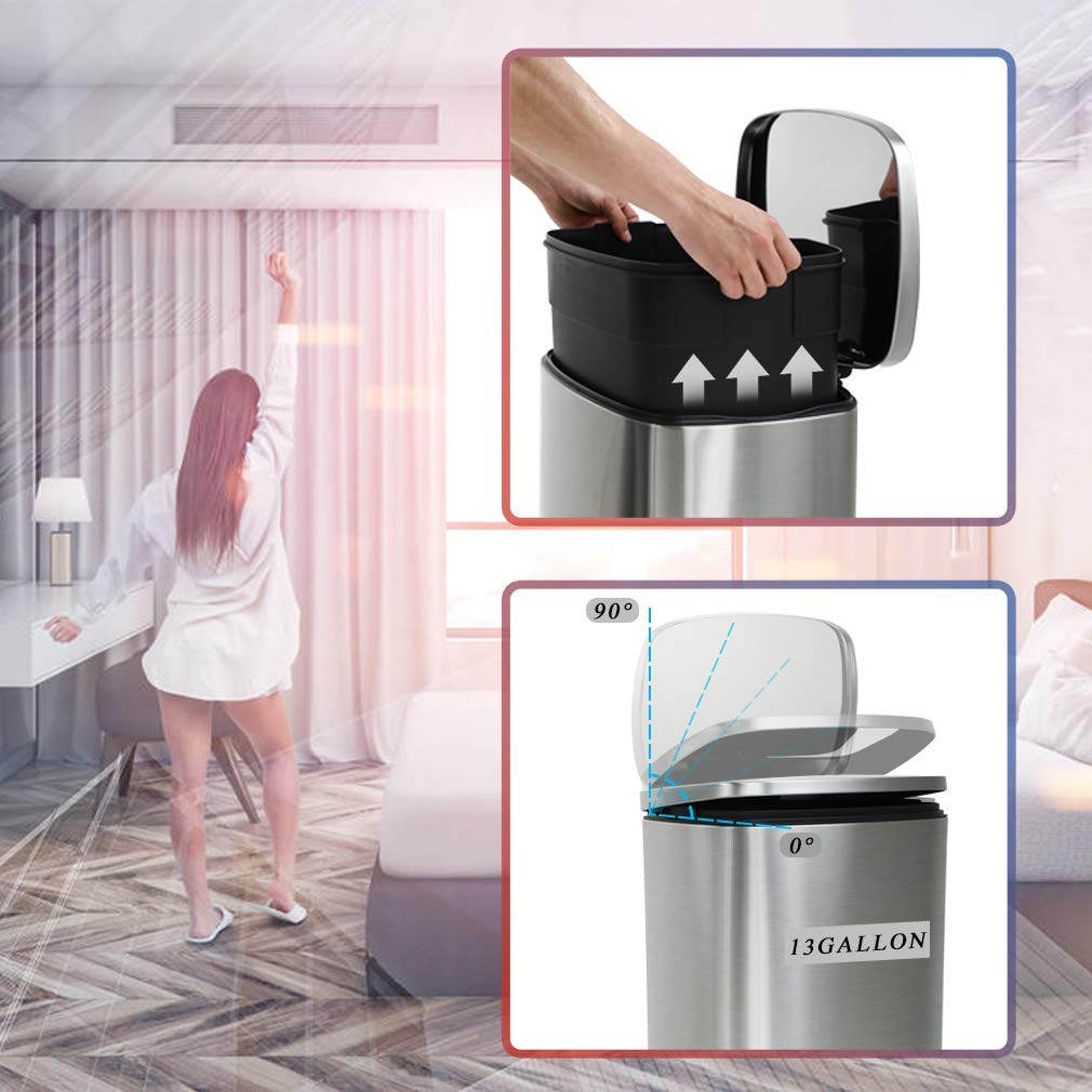DKeli 13 Gallon Stainless Steel Step Trash Can with Soft-Close Lid & Removable Inner Bucket - 50L Kitchen Garbage Bin for Bathroom, Office & Home Use - Perfect for Waste Disposal in High-Traffic Areas (Silver)