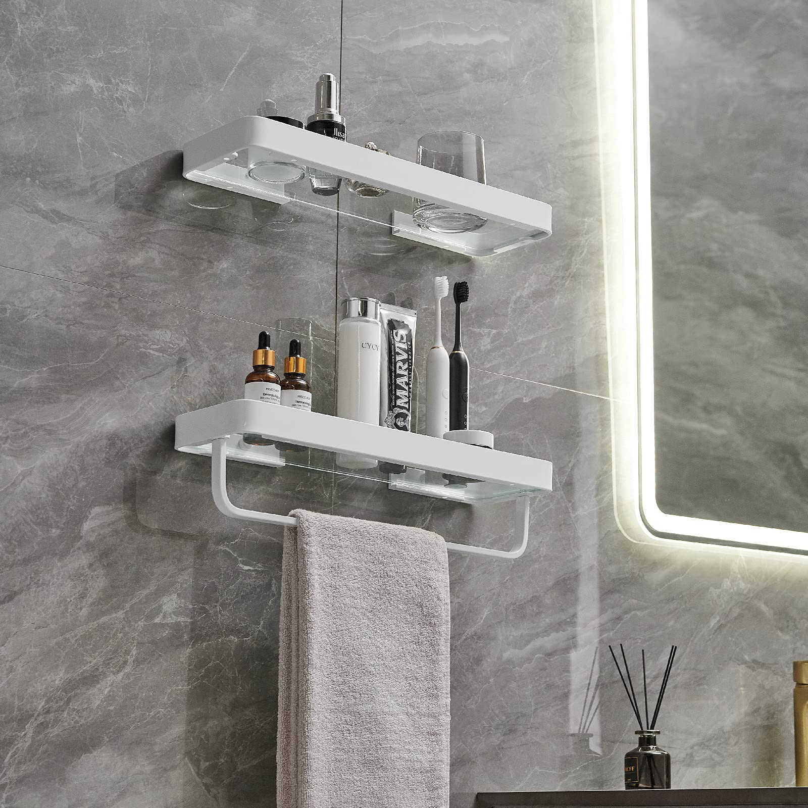 VOLPONE 2-Tier Wall Mounted Bathroom Shelves - Tempered Glass Floating Shelf for Shower, Toiletries & Organizer - White - Perfect for Small Bathrooms & Modern Home Decor
