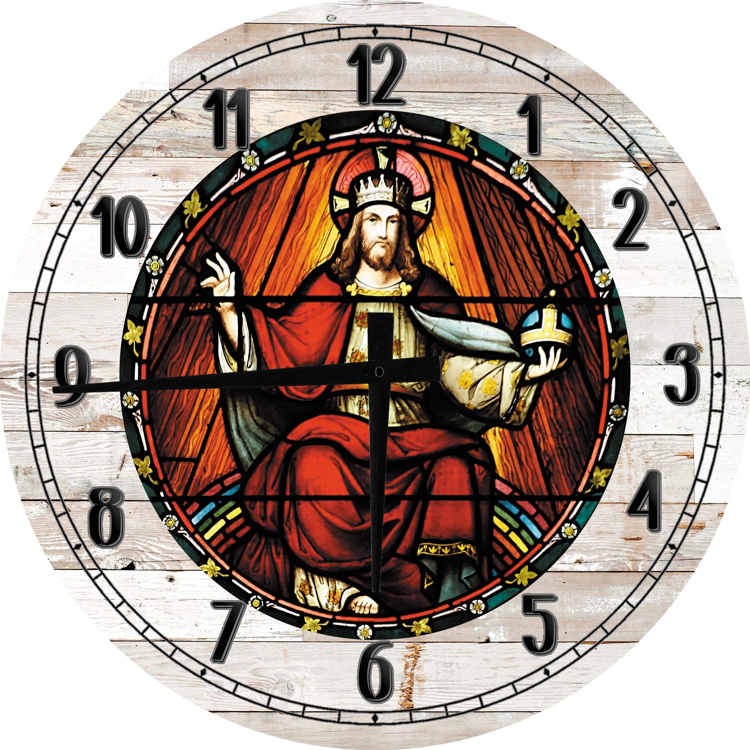 Religious Stained Glass Wall Clock - 24 Inch Round Church Window Design Featuring Saint King John Bible Theme, Battery Operated White Decor for Home, Office, and Church Interiors