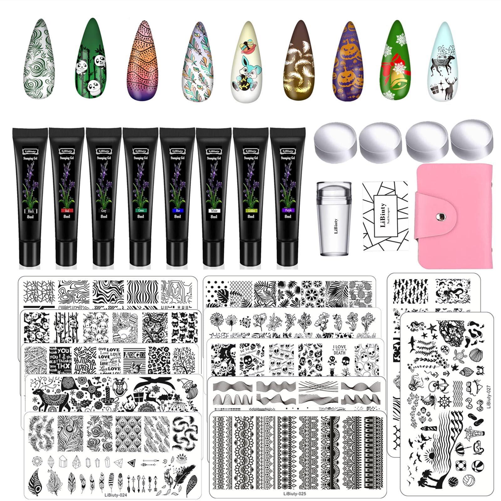 12PCS Nail Stamping Plates Set with 8PCS 8ml Nail Polish, Stamper, Scraper & Storage Bag - Includes 4 Free Stamper Heads for DIY Nail Art Designs - Perfect for Home Salon, Manicure Parties & Professional Nail Artists