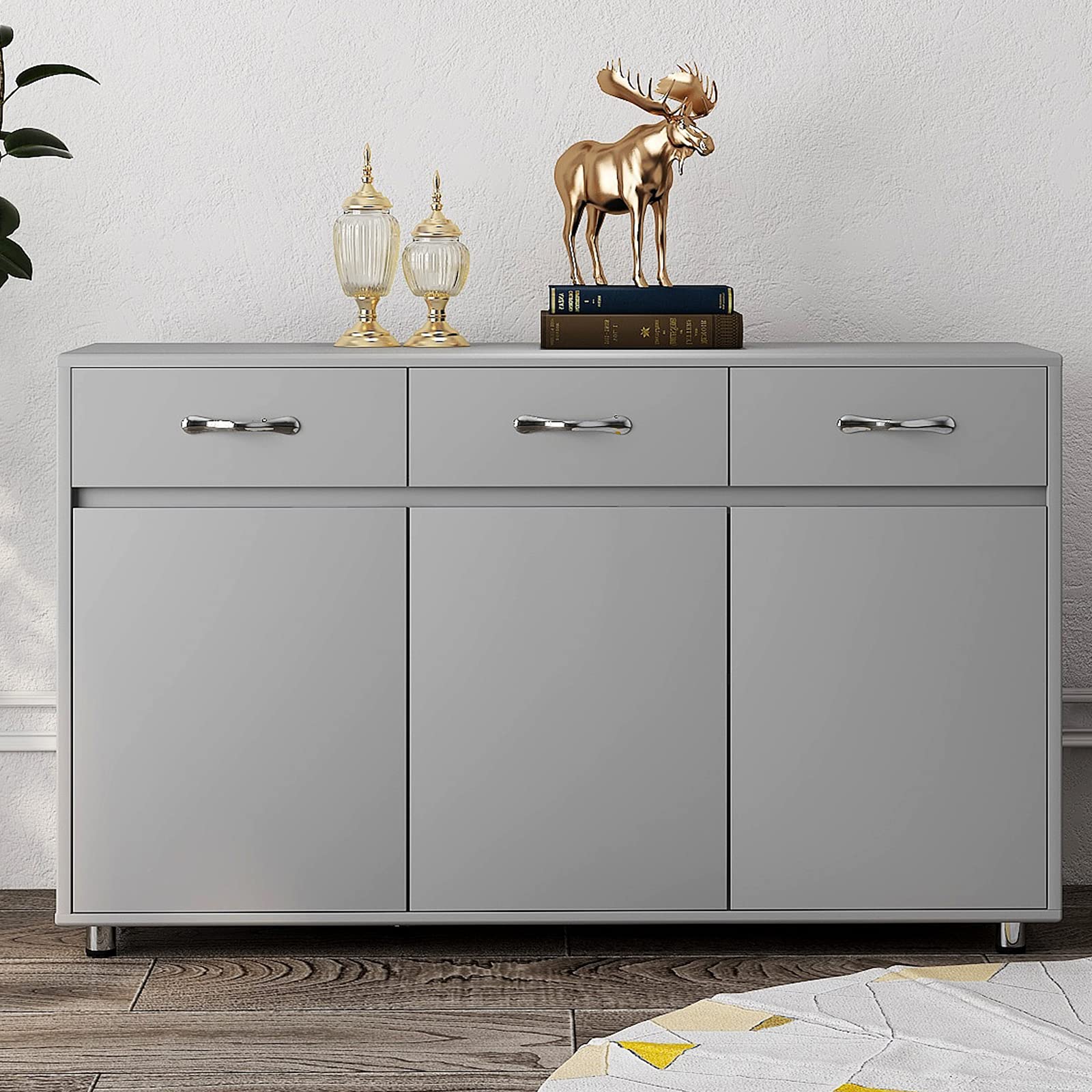 RASOO 3-Door 3-Drawer Buffet Cabinet - Kitchen Storage Sideboard Cupboard for Dining Room, Living Room & Entryway (Grey)