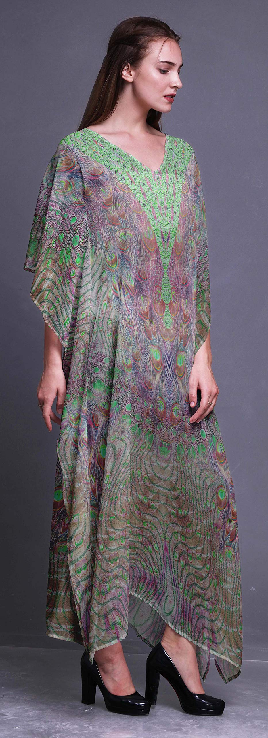 Elegant Peacock Feather Print Women's Long Beach Kaftan - Flowy Bikini Cover Up Maxi Dress for Summer Vacation, Pool Party & Boho Fashion
