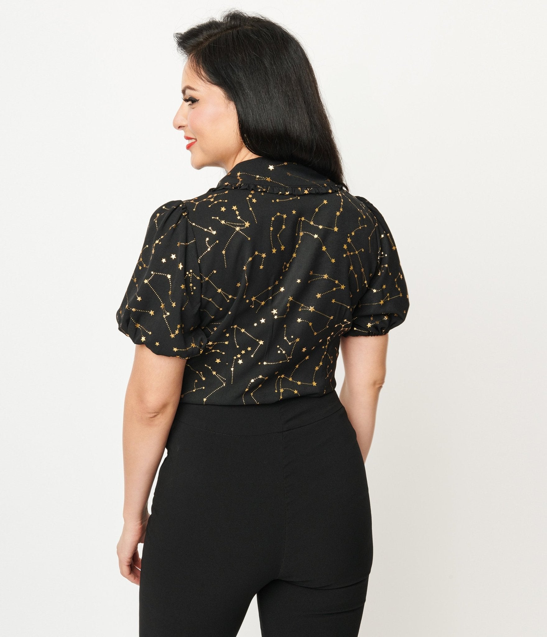Vintage 1930s Black & Gold Star Print Oversized Collar Blouse - Retro 30s Style Women's Top for Gatsby Parties & Vintage Fashion Lovers