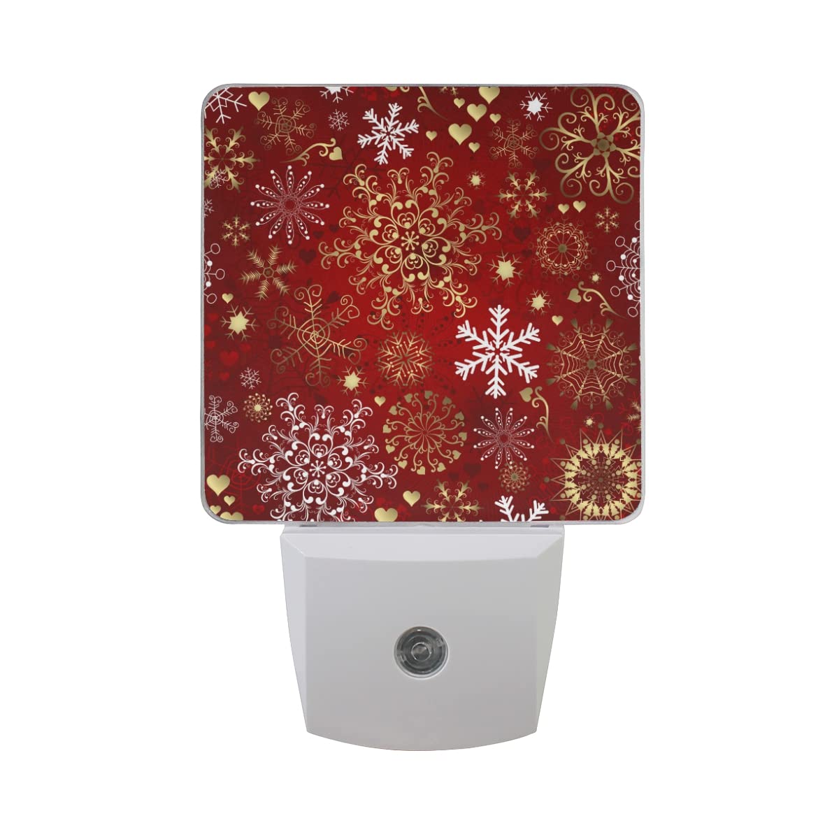 Christmas Red Seamless Pattern with Gold & White Snowflakes - Set of 2 Plug-in LED Night Lights with Auto Dusk-to-Dawn Sensor - Perfect for Bedroom, Bathroom, Nursery & Home Decor - Creates Cozy Holiday Ambiance